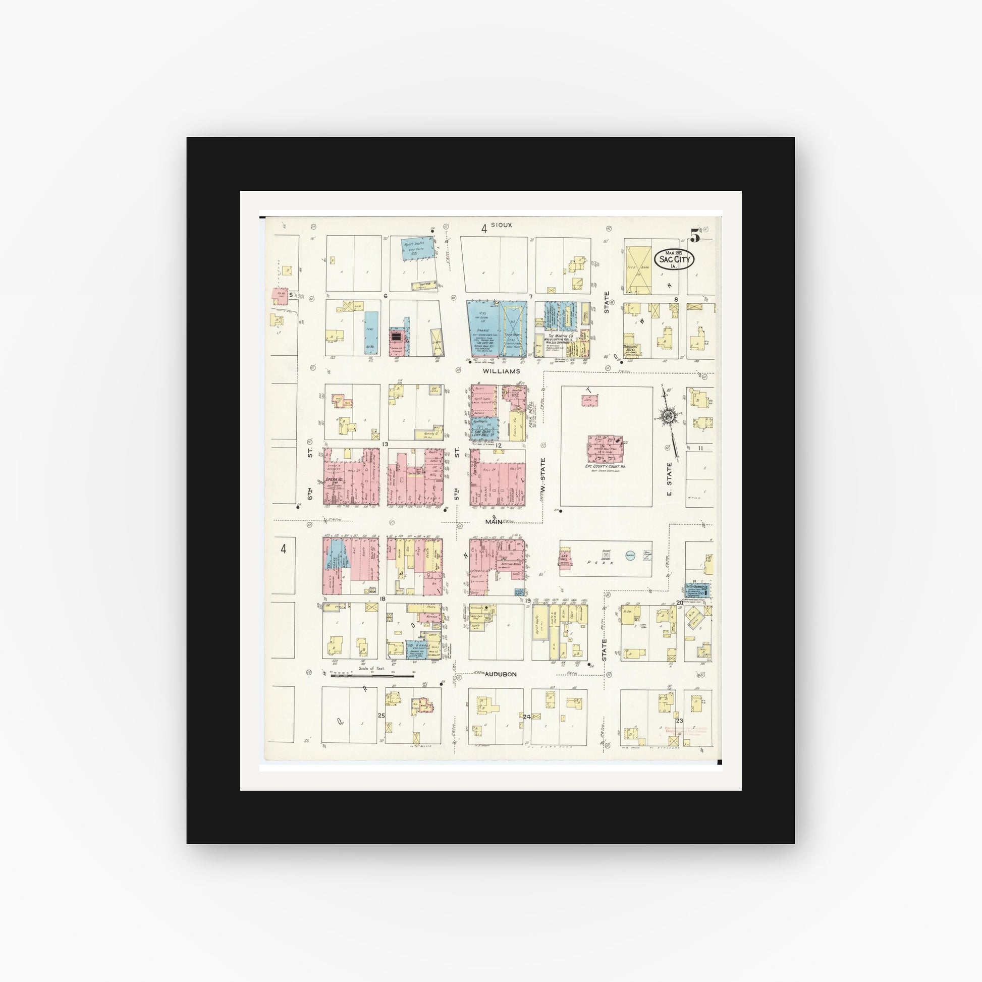 Old map wall art mockup — black gallery frame with white mat — Sanborn Fire Insurance Map from Sac City, Sac County, Iowa (1915), Sheet #0005