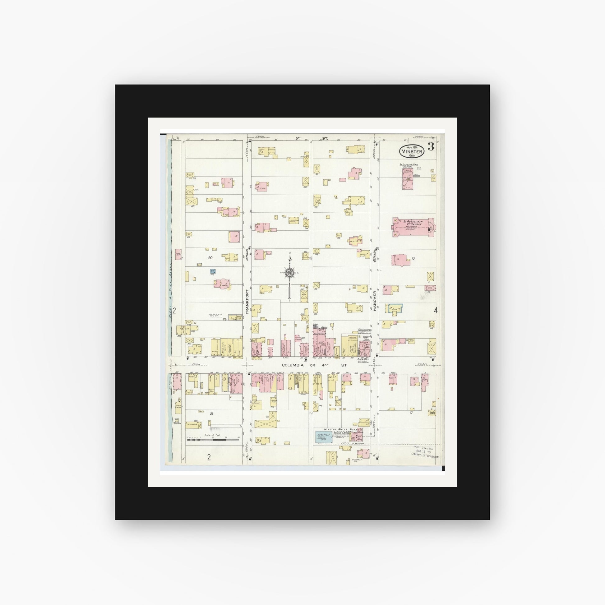 Old map wall art mockup — black gallery frame with white mat — Sanborn Fire Insurance Map from Minster, Auglaize County, Ohio (1914), Sheet #0003