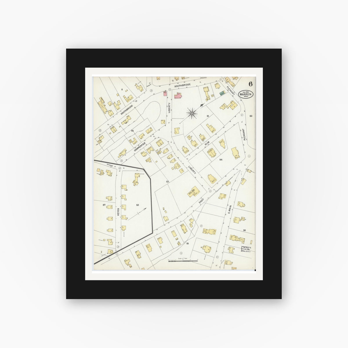 Old map wall art mockup — black gallery frame with white mat — Sanborn Fire Insurance Map from Warren, Worcester County, Massachusetts (1902), Sheet #0006