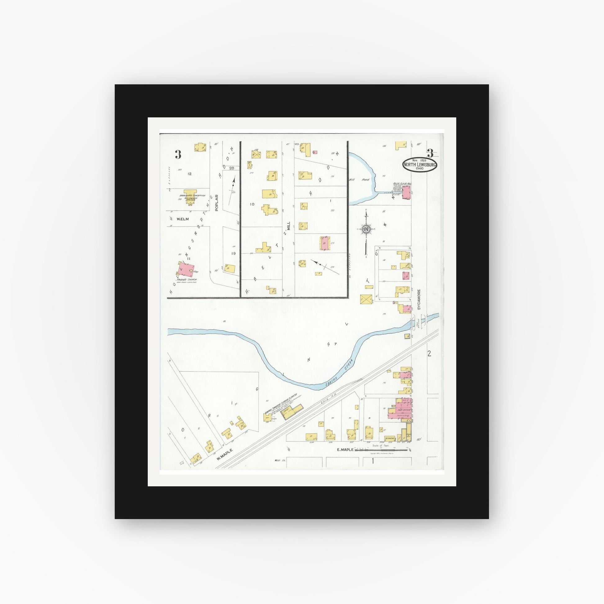Old map wall art mockup — black gallery frame with white mat — Sanborn Fire Insurance Map from North Lewisburg, Champaign County, Ohio (1926), Sheet #0003