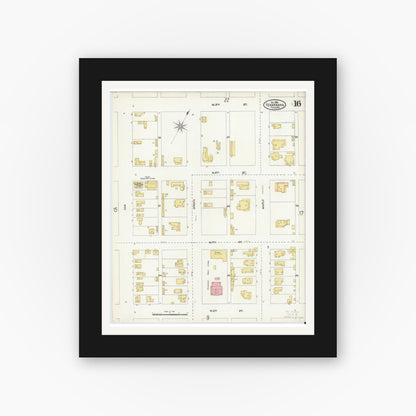 Old map wall art mockup — black gallery frame with white mat — Sanborn Fire Insurance Map from Texarkana, Bowie County, Texas (1905), Sheet #0016