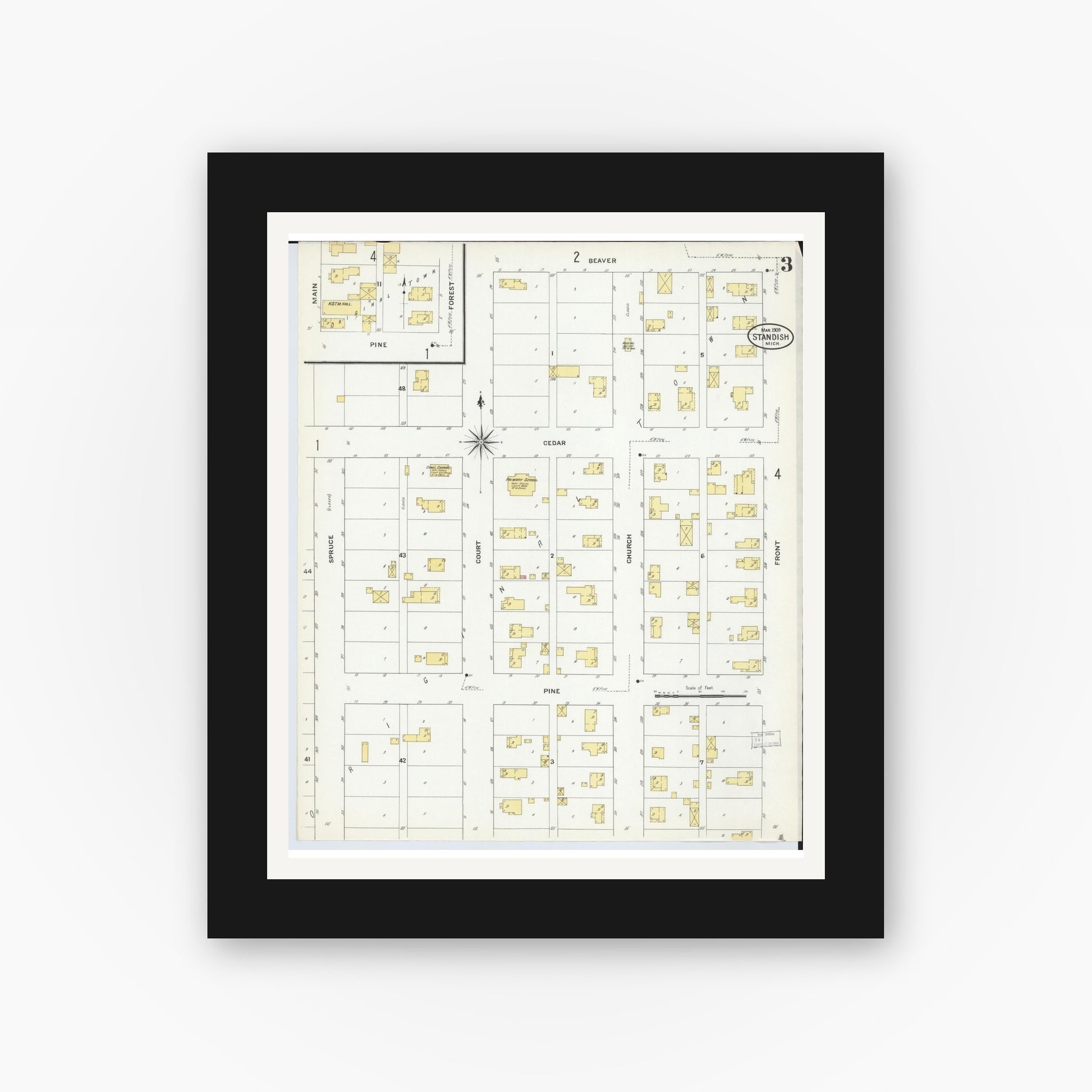 Old map wall art mockup — black gallery frame with white mat — Sanborn Fire Insurance Map from Standish, Arenac County, Michigan (1909), Sheet #0003