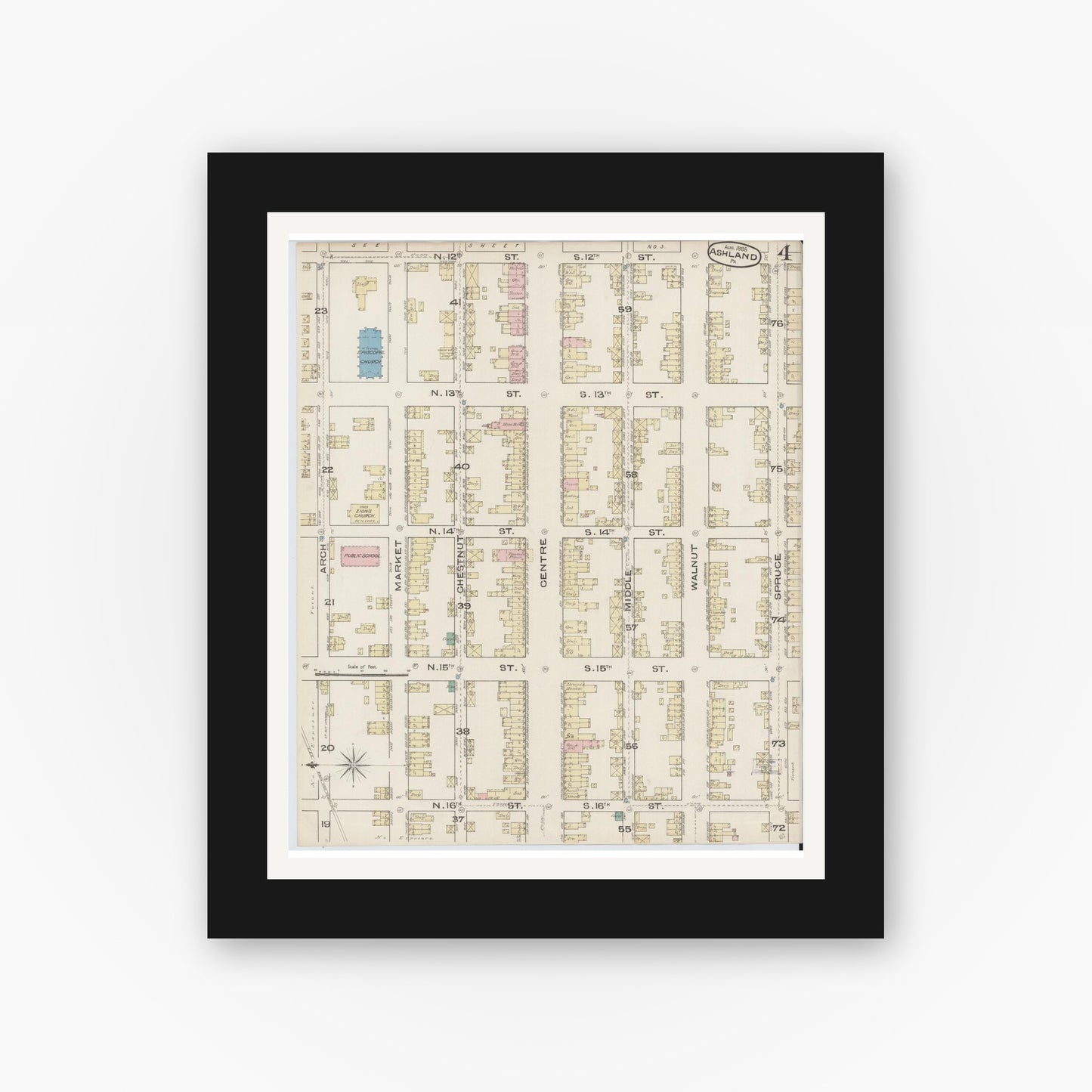Old map wall art mockup — black gallery frame with white mat — Sanborn Fire Insurance Map from Ashland, Schuylkill County, Pennsylvania (1885), Sheet #0004