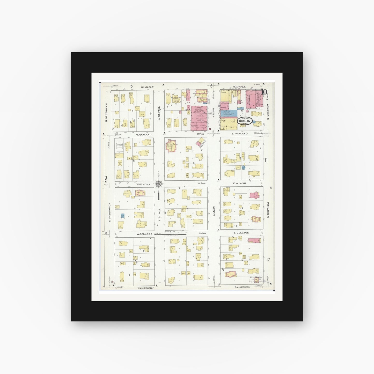 Old map wall art mockup — black gallery frame with white mat — Sanborn Fire Insurance Map from Austin, Mower County, Minnesota (1917), Sheet #0010