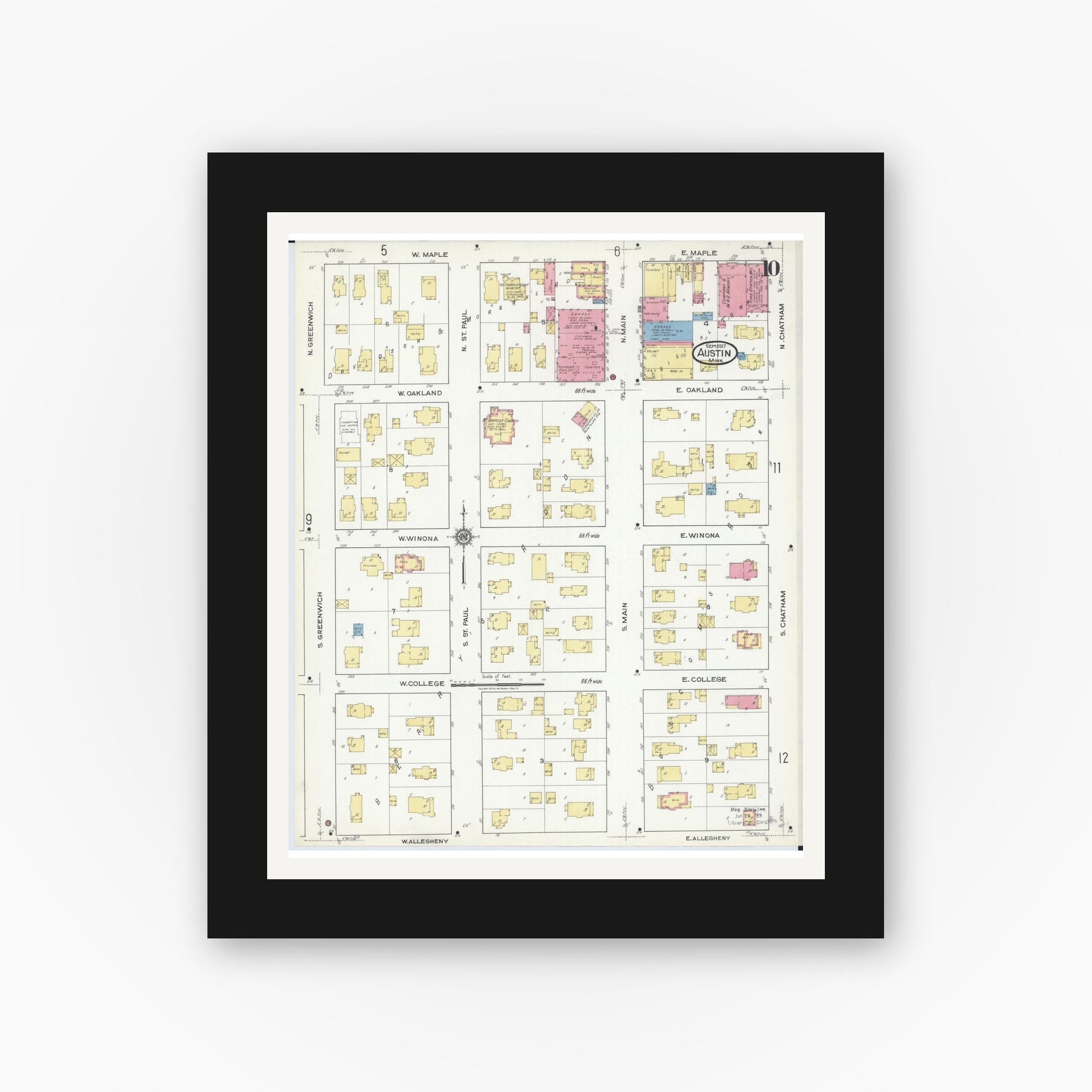 Old map wall art mockup — black gallery frame with white mat — Sanborn Fire Insurance Map from Austin, Mower County, Minnesota (1917), Sheet #0010
