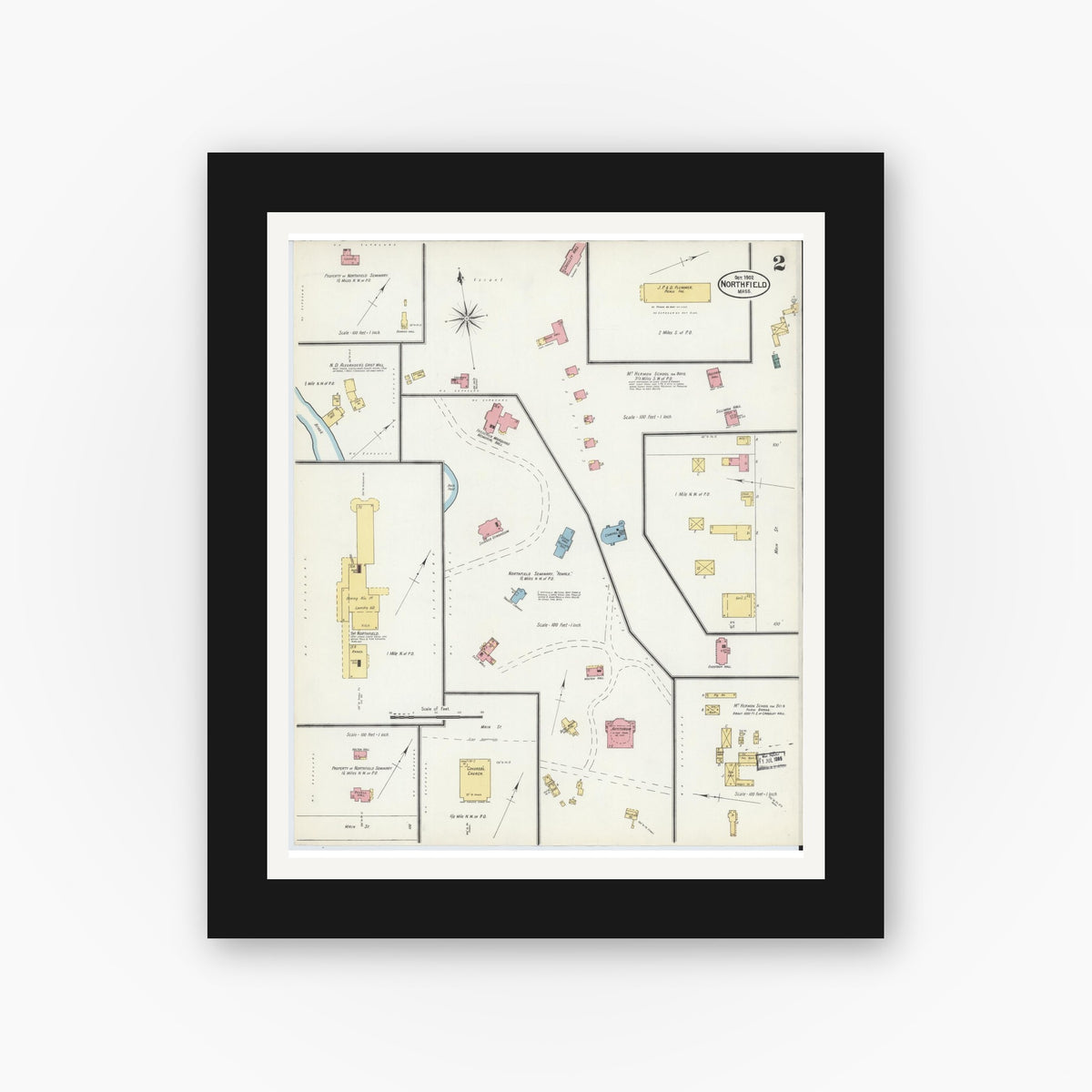 Old map wall art mockup — black gallery frame with white mat — Sanborn Fire Insurance Map from Northfield, Franklin County, Massachusetts (1902), Sheet #0002
