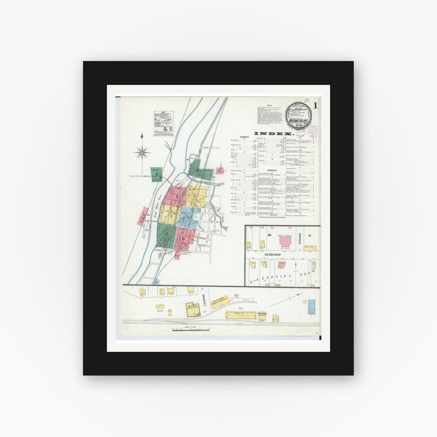 Old map wall art mockup — black gallery frame with white mat — Sanborn Fire Insurance Map from Miamisburg, Montgomery County, Ohio (1901), Sheet #0001