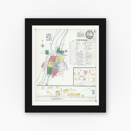 Old map wall art mockup — black gallery frame with white mat — Sanborn Fire Insurance Map from Miamisburg, Montgomery County, Ohio (1901), Sheet #0001