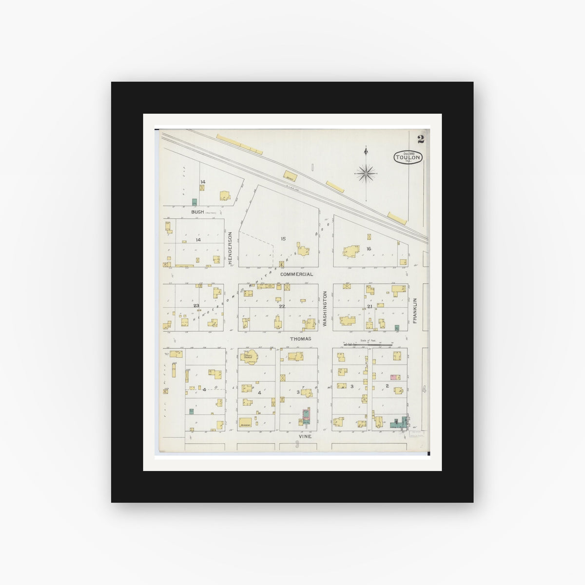 Old map wall art mockup — black gallery frame with white mat — Sanborn Fire Insurance Map from Toulon, Stark County, Illinois (1893), Sheet #0002
