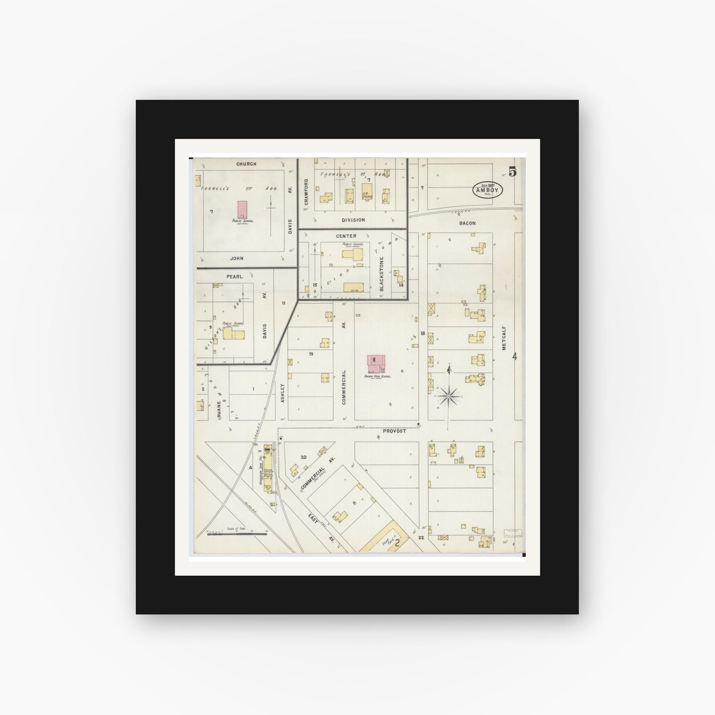 Old map wall art mockup — black gallery frame with white mat — Sanborn Fire Insurance Map from Amboy, Lee County, Illinois (1897), Sheet #0005