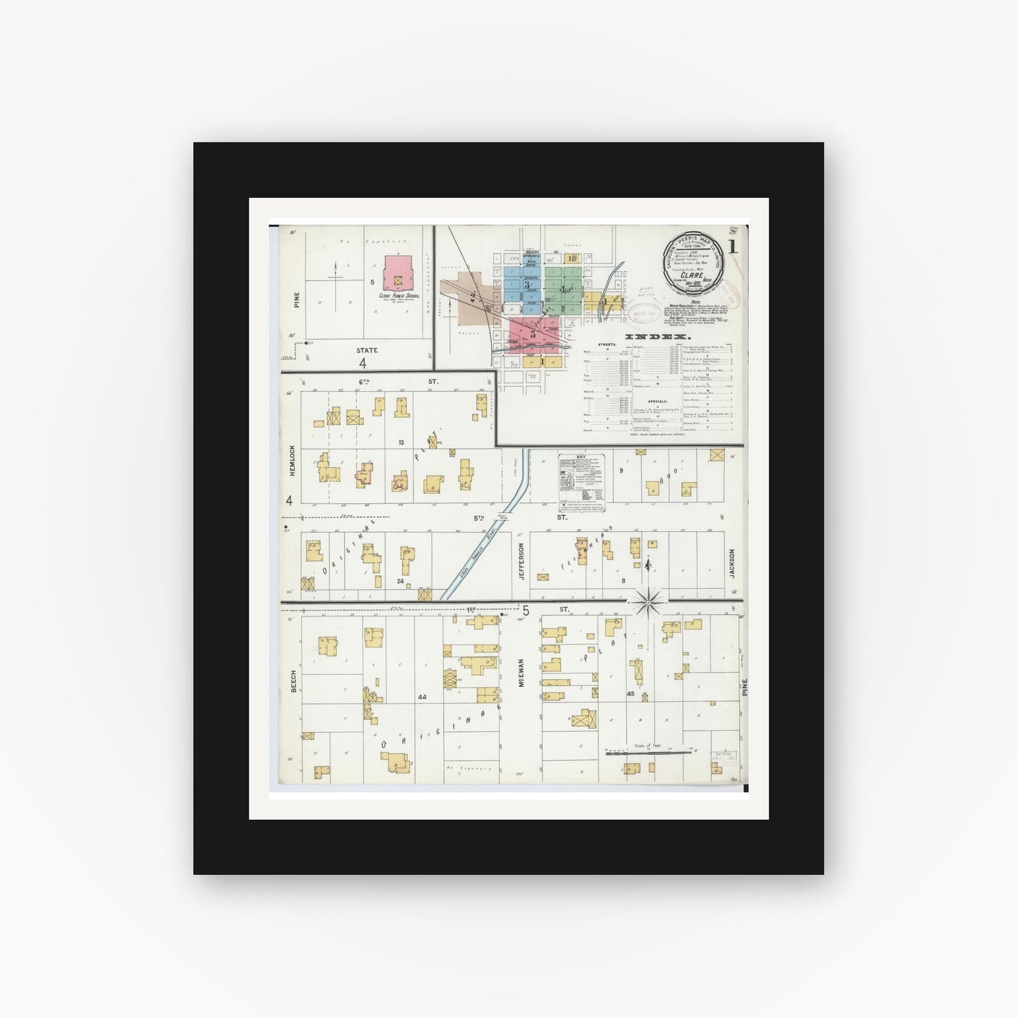Old map wall art mockup — black gallery frame with white mat — Sanborn Fire Insurance Map from Clare, Clare County, Michigan (1899) - Complete Map Set