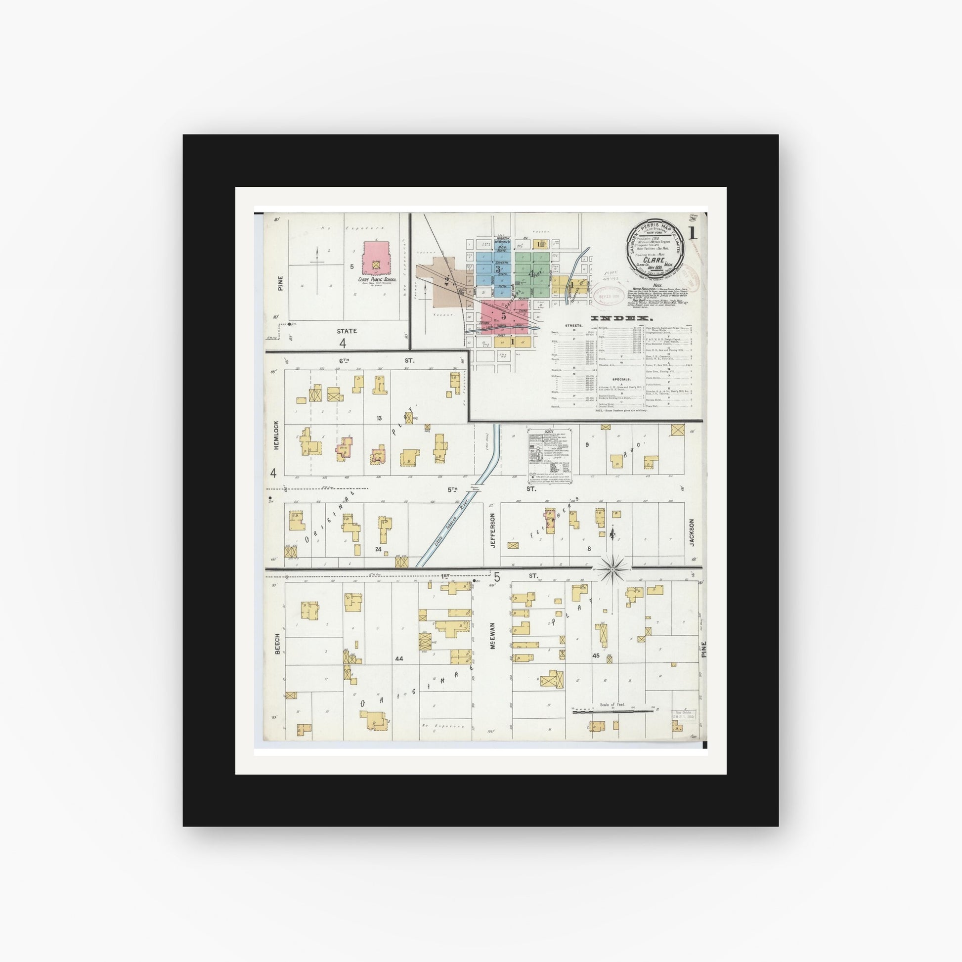 Old map wall art mockup — black gallery frame with white mat — Sanborn Fire Insurance Map from Clare, Clare County, Michigan (1899) - Complete Map Set