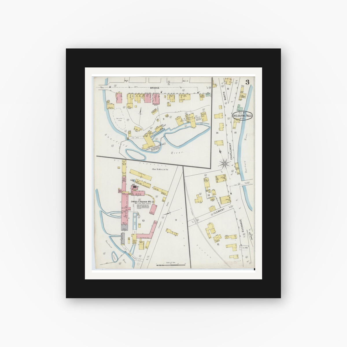 Old map wall art mockup — black gallery frame with white mat — Sanborn Fire Insurance Map from Shelburne Falls, Franklin County, Massachusetts (1895), Sheet #0003