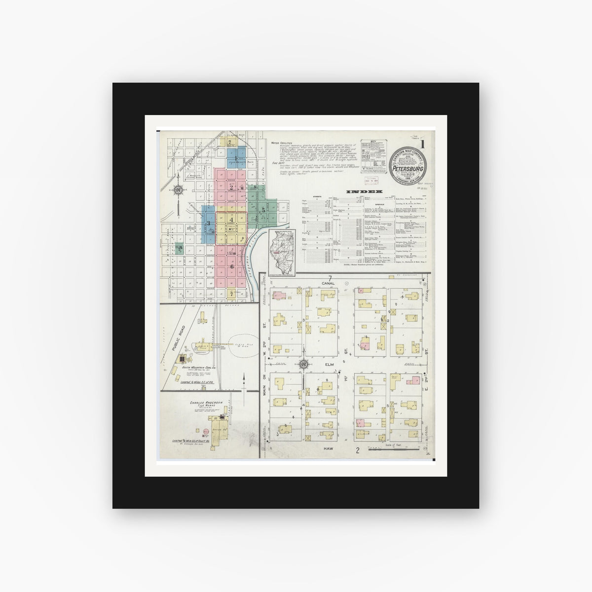 Old map wall art mockup — black gallery frame with white mat — Sanborn Fire Insurance Map from Petersburg, Menard County, Illinois (1914) - Complete Map Set