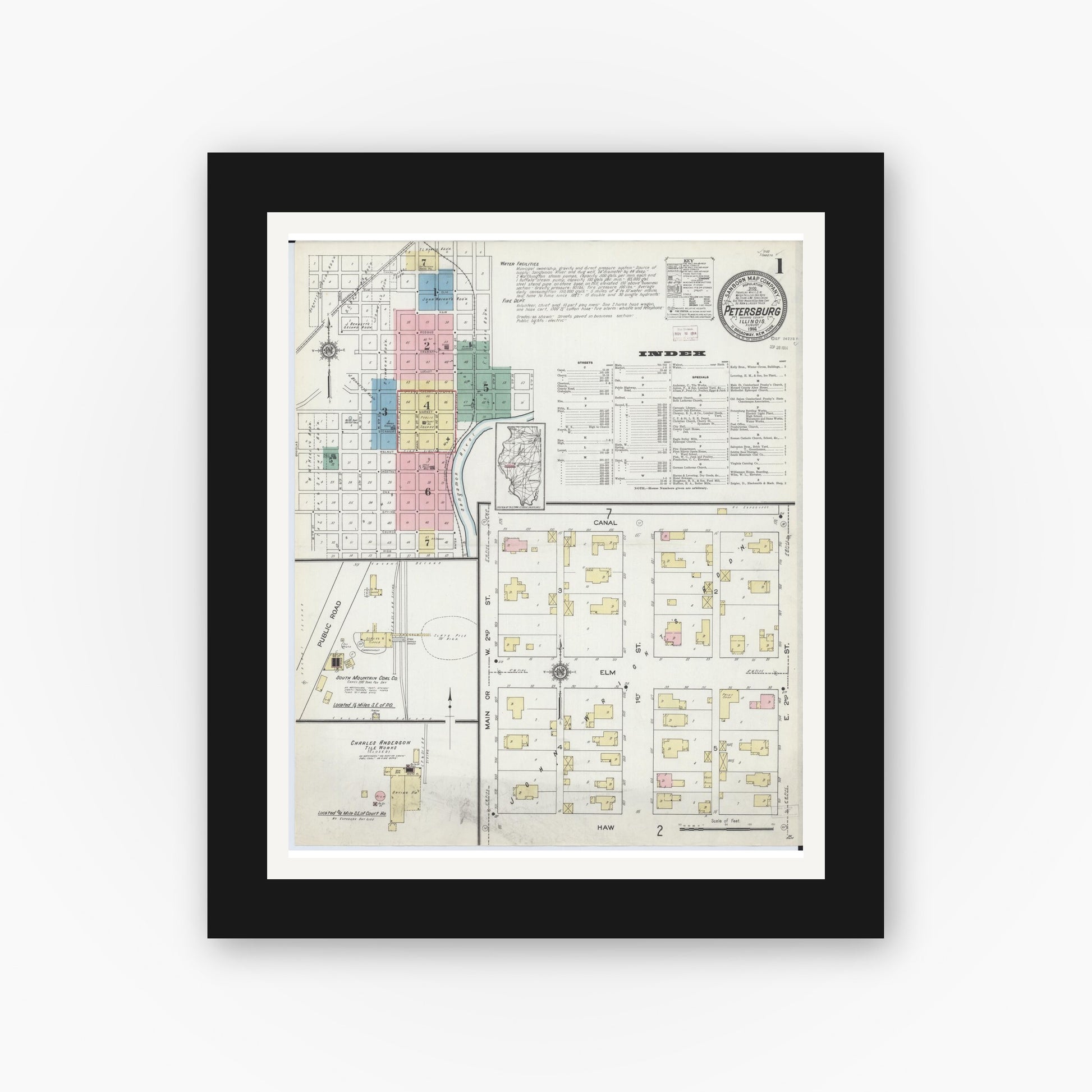 Old map wall art mockup — black gallery frame with white mat — Sanborn Fire Insurance Map from Petersburg, Menard County, Illinois (1914) - Complete Map Set