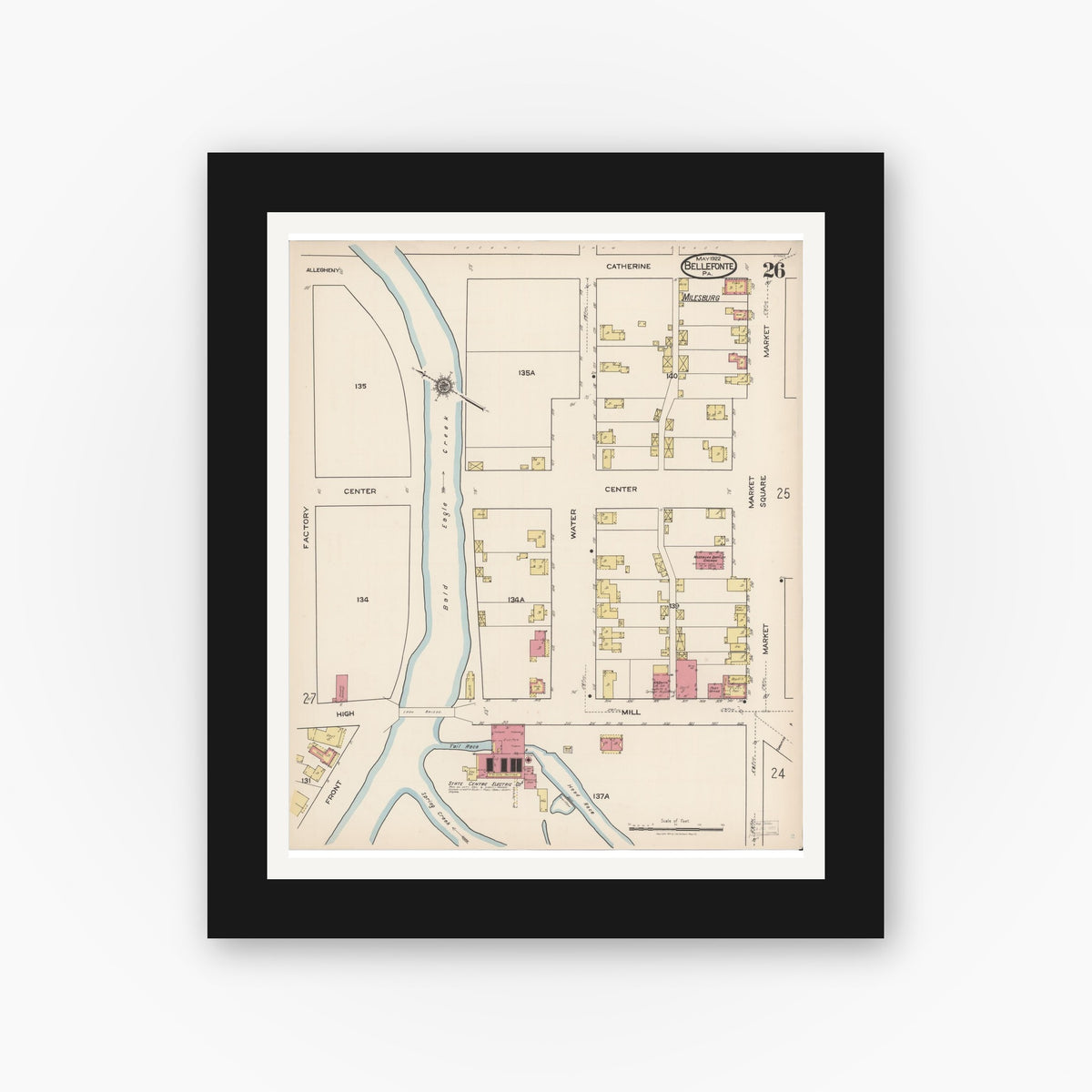 Old map wall art mockup — black gallery frame with white mat — Sanborn Fire Insurance Map from Bellefonte, Centre County, Pennsylvania (1922), Sheet #0026