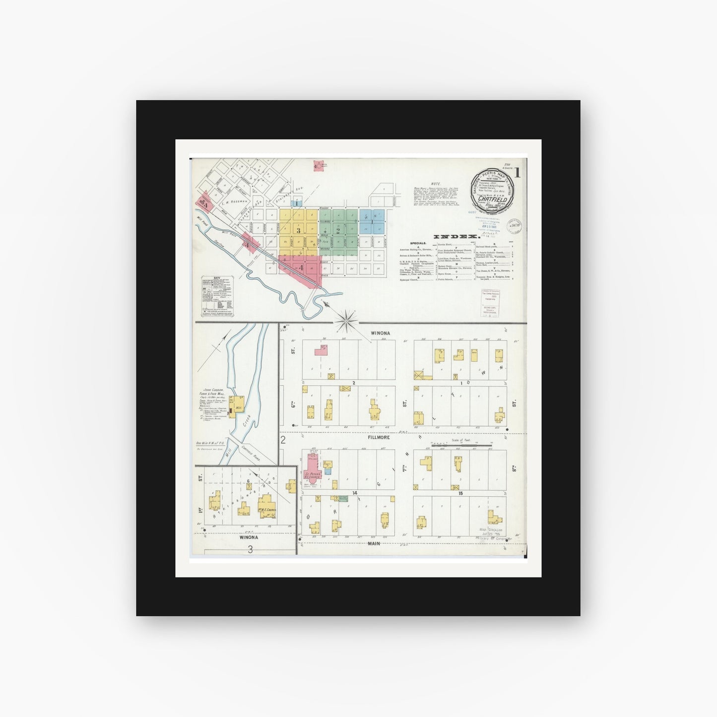 Old map wall art mockup — black gallery frame with white mat — Sanborn Fire Insurance Map from Chatfield, Fillmore And Olmsted Counties, Minnesota (1900), Sheet #0001