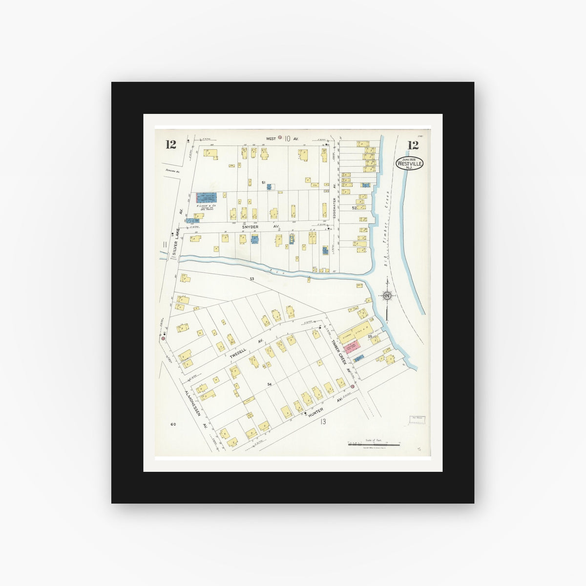 Old map wall art mockup — black gallery frame with white mat — Sanborn Fire Insurance Map from Westville, Gloucester County, New Jersey (1926), Sheet #0012