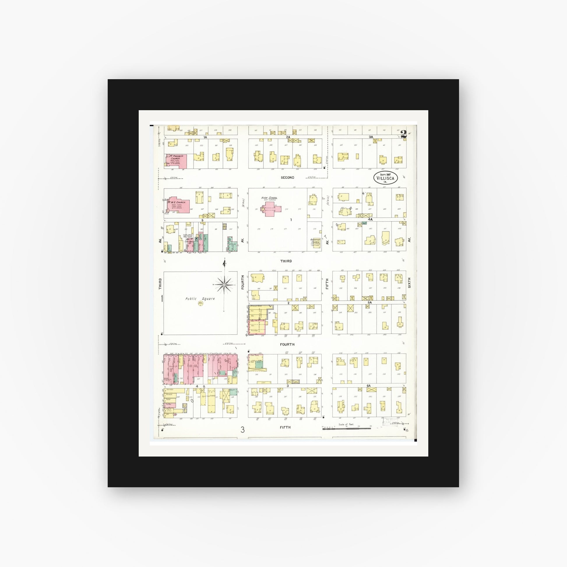 Old map wall art mockup — black gallery frame with white mat — Sanborn Fire Insurance Map from Villisca, Montgomery County, Iowa (1907), Sheet #0002