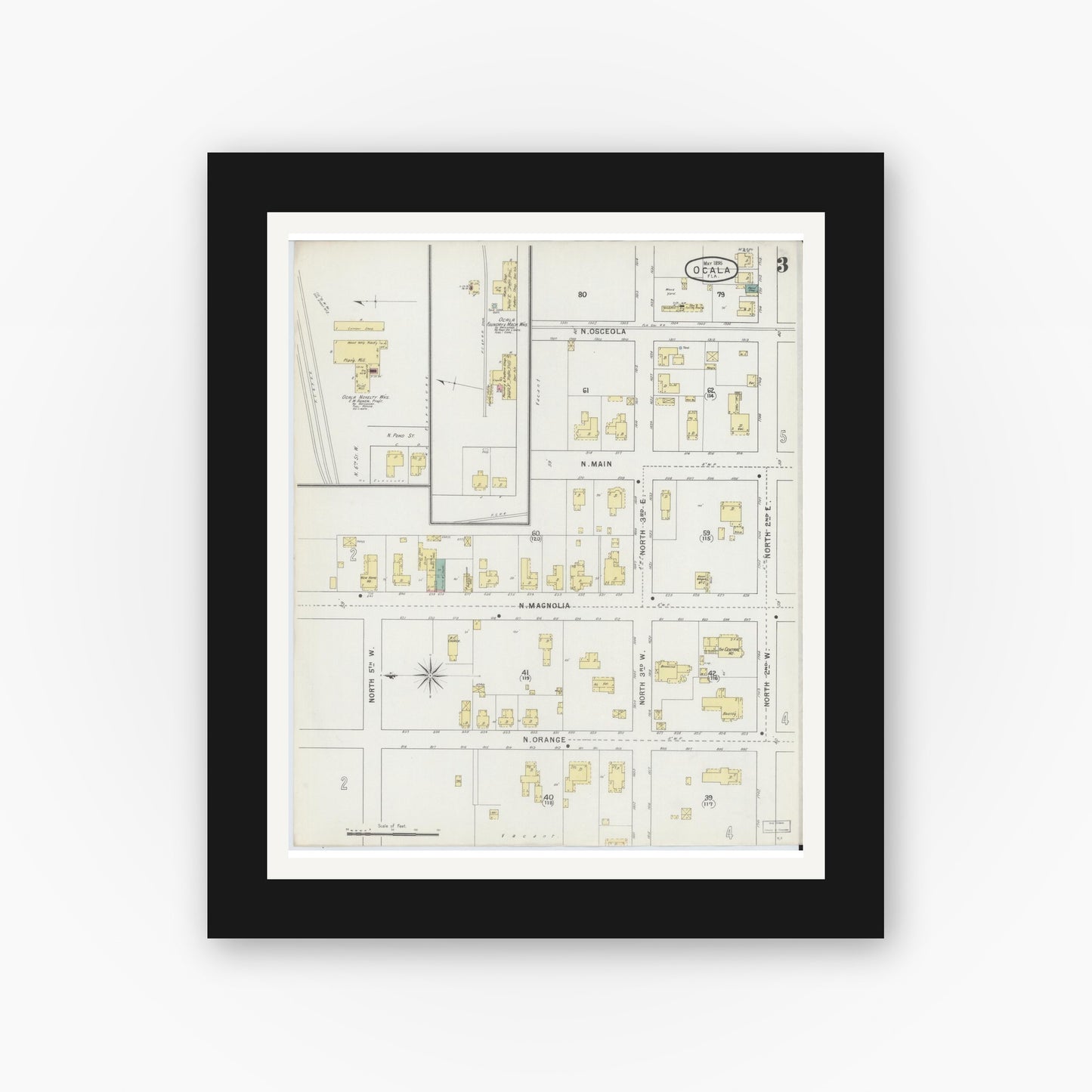 Old map wall art mockup — black gallery frame with white mat — Sanborn Fire Insurance Map from Ocala, Marion County, Florida (1895), Sheet #0003