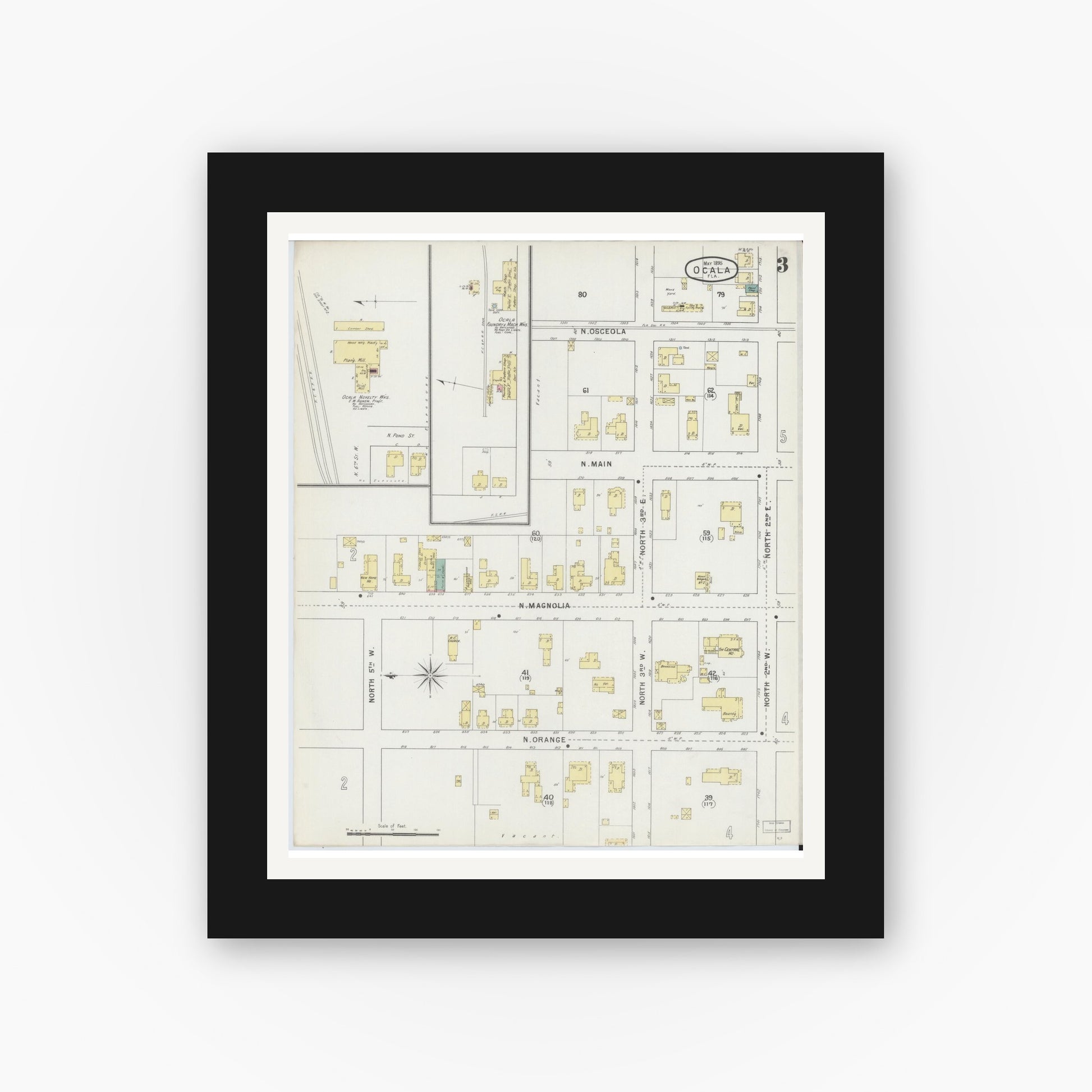 Old map wall art mockup — black gallery frame with white mat — Sanborn Fire Insurance Map from Ocala, Marion County, Florida (1895), Sheet #0003