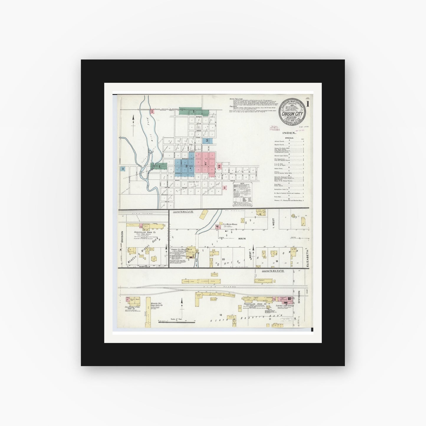Old map wall art mockup — black gallery frame with white mat — Sanborn Fire Insurance Map from Carson City, Montcalm County, Michigan (1910) - Complete Map Set