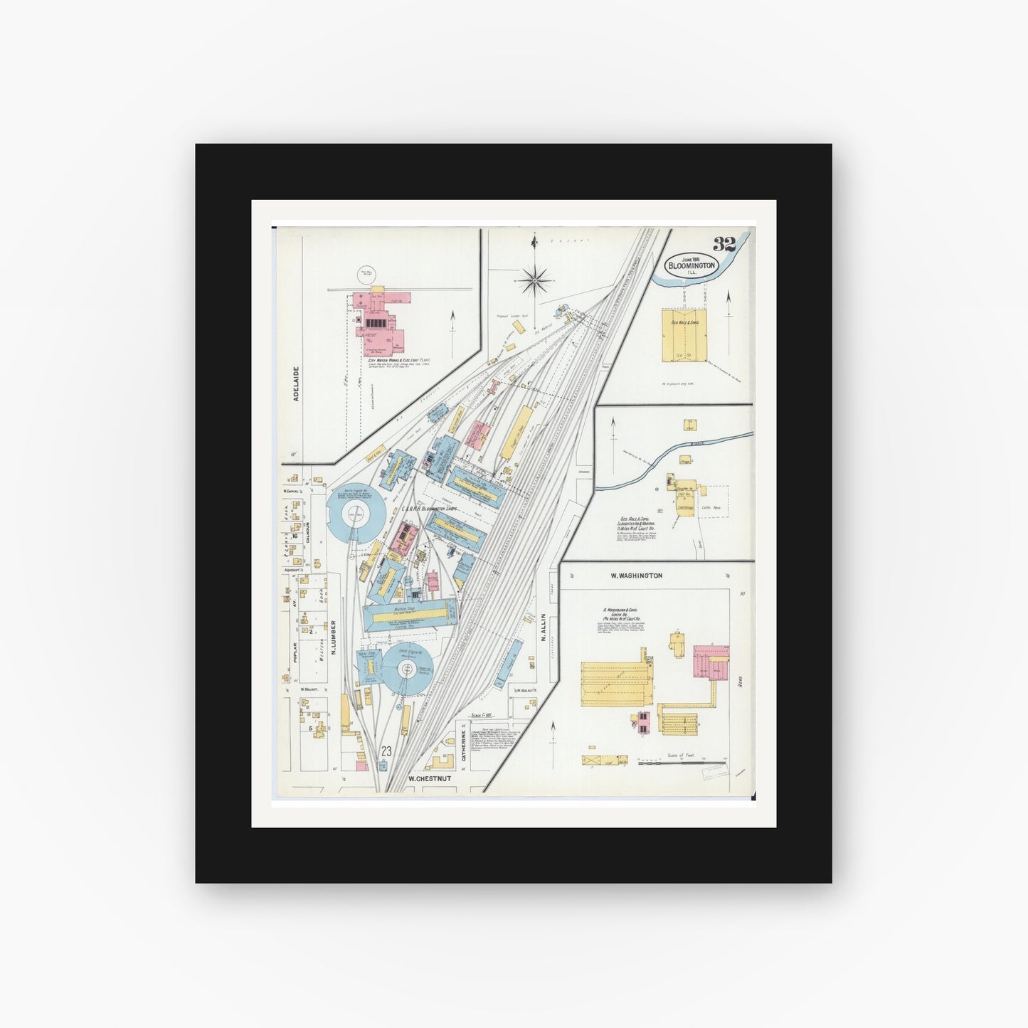 Old map wall art mockup — black gallery frame with white mat — Sanborn Fire Insurance Map from Bloomington, McLean County, Illinois (1901), Sheet #0032