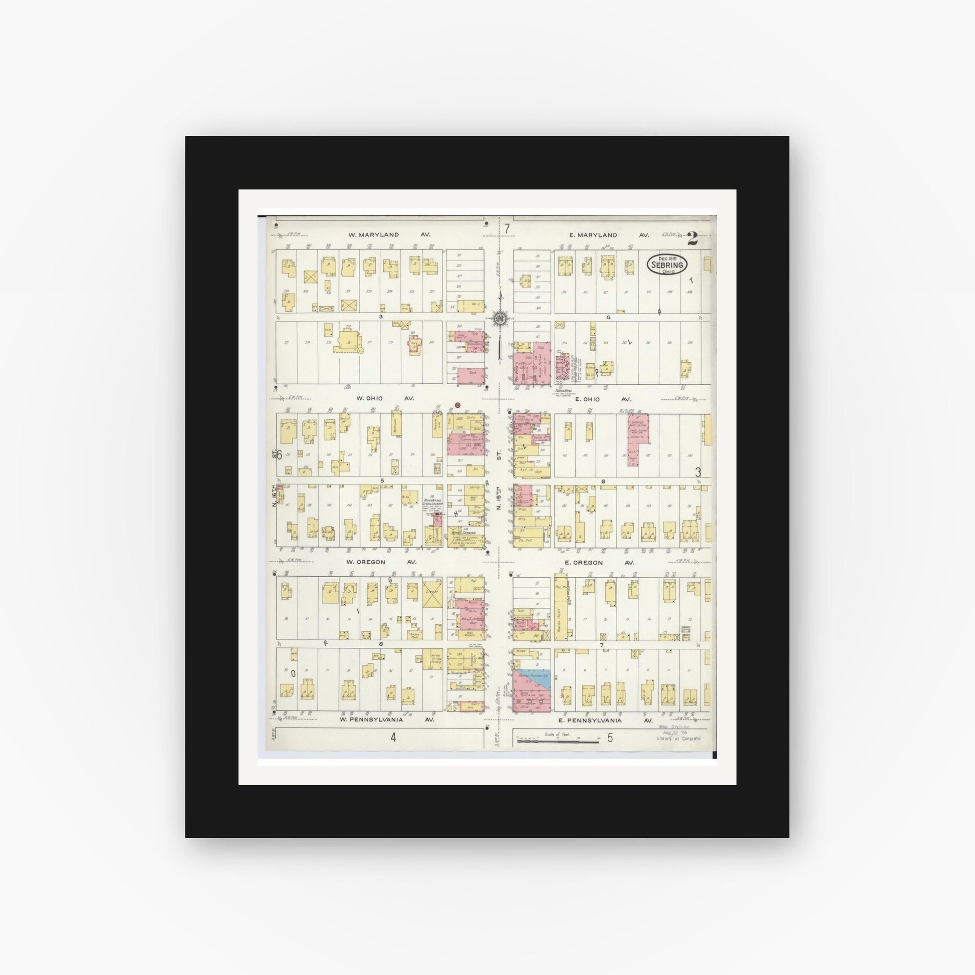 Old map wall art mockup — black gallery frame with white mat — Sanborn Fire Insurance Map from Sebring, Mahoning County, Ohio (1915), Sheet #0002