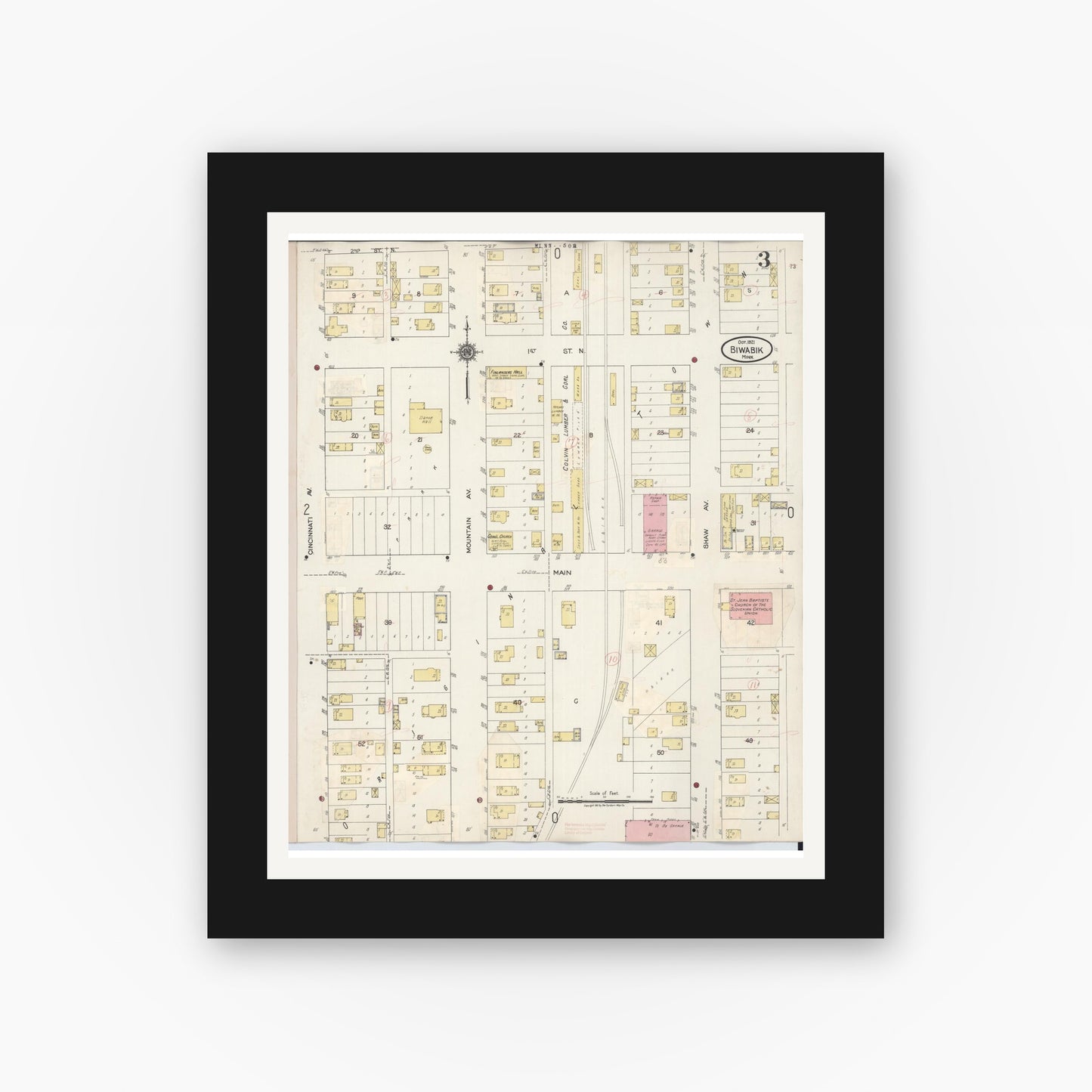 Old map wall art mockup — black gallery frame with white mat — Sanborn Fire Insurance Map from Biwabik, Saint Louis County, Minnesota (1936), Sheet #0003