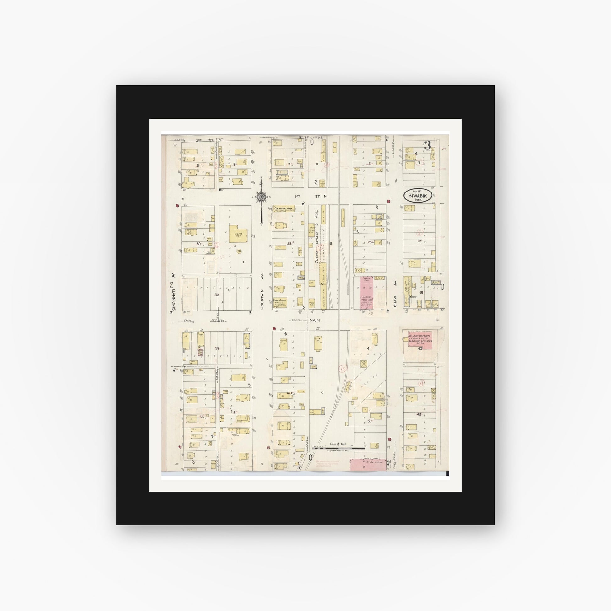 Old map wall art mockup — black gallery frame with white mat — Sanborn Fire Insurance Map from Biwabik, Saint Louis County, Minnesota (1936), Sheet #0003