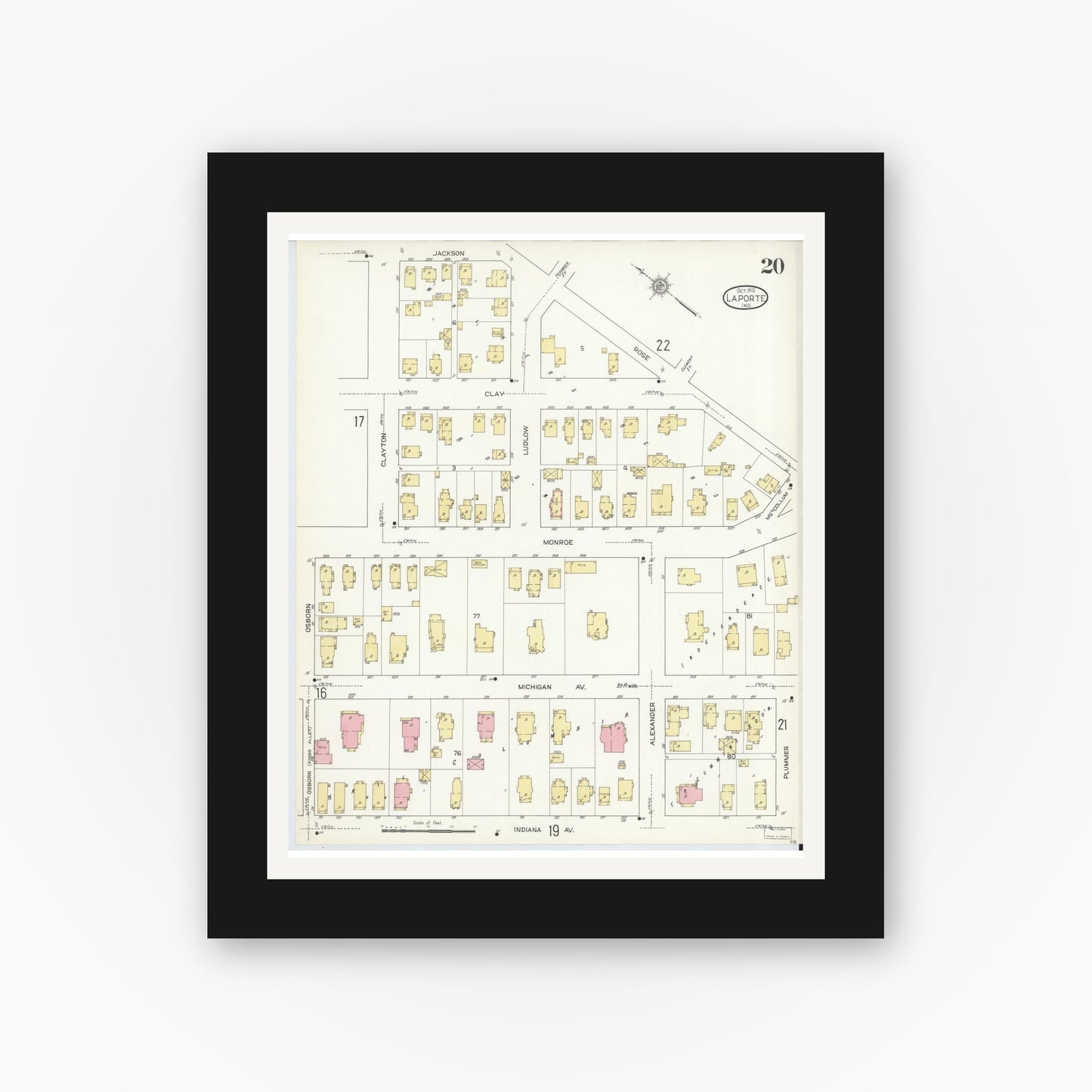 Old map wall art mockup — black gallery frame with white mat — Sanborn Fire Insurance Map from La Porte, La Porte County, Indiana (1912), Sheet #0020