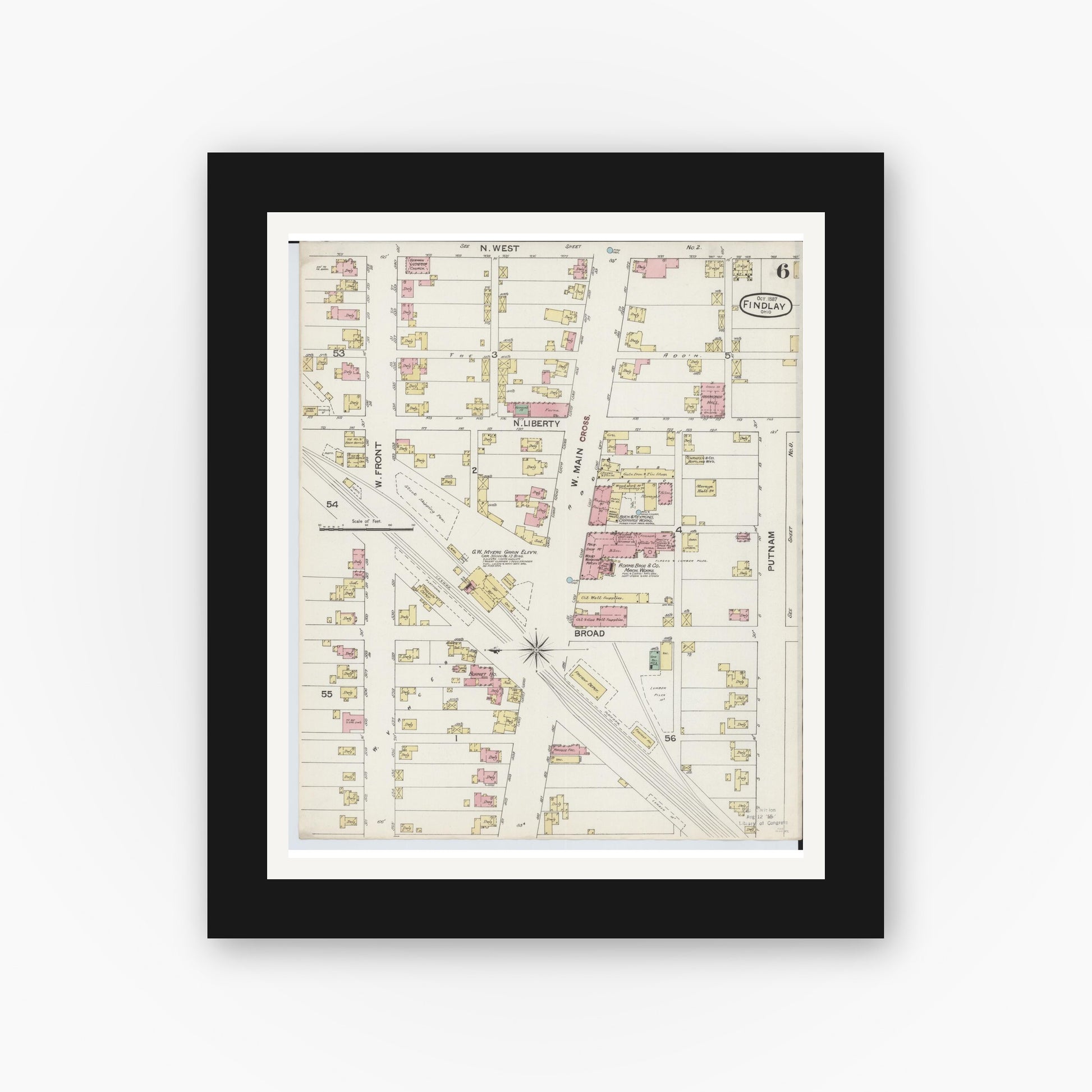Old map wall art mockup — black gallery frame with white mat — Sanborn Fire Insurance Map from Findlay, Hancock County, Ohio (1887), Sheet #0006
