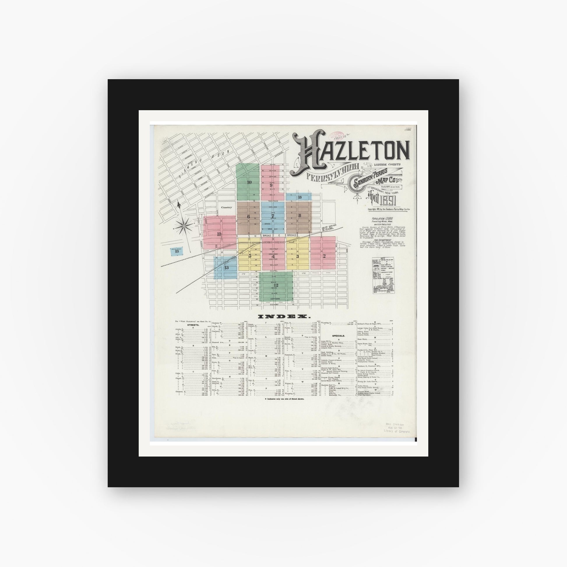 Old map wall art mockup — black gallery frame with white mat — Sanborn Fire Insurance Map from Hazleton, Luzerne County, Pennsylvania (1891) - Complete Map Set