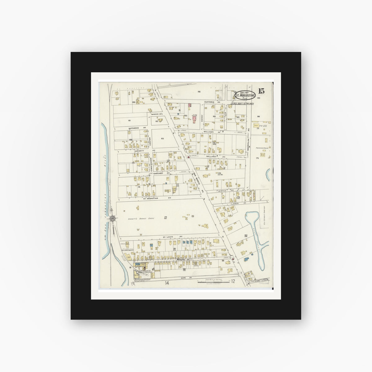 Old map wall art mockup — black gallery frame with white mat — Sanborn Fire Insurance Map from Saint Augustine, Saint John's County, Florida (1917), Sheet #0015