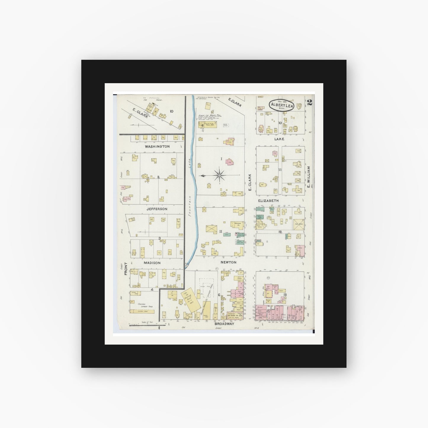Old map wall art mockup — black gallery frame with white mat — Sanborn Fire Insurance Map from Albert Lea, Freeborn County, Minnesota (1891), Sheet #0002