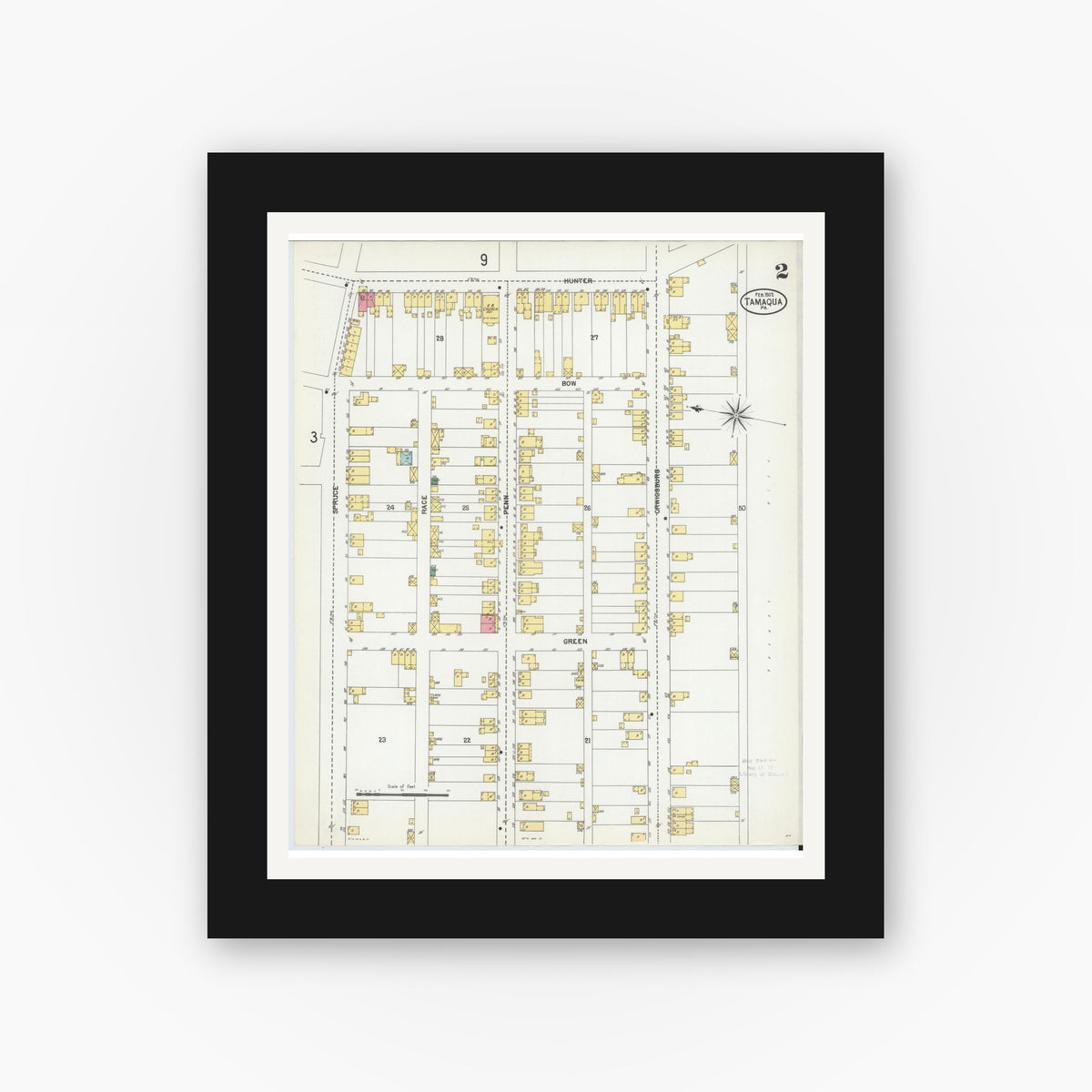 Old map wall art mockup — black gallery frame with white mat — Sanborn Fire Insurance Map from Tamaqua, Schuylkill County, Pennsylvania (1902), Sheet #0002