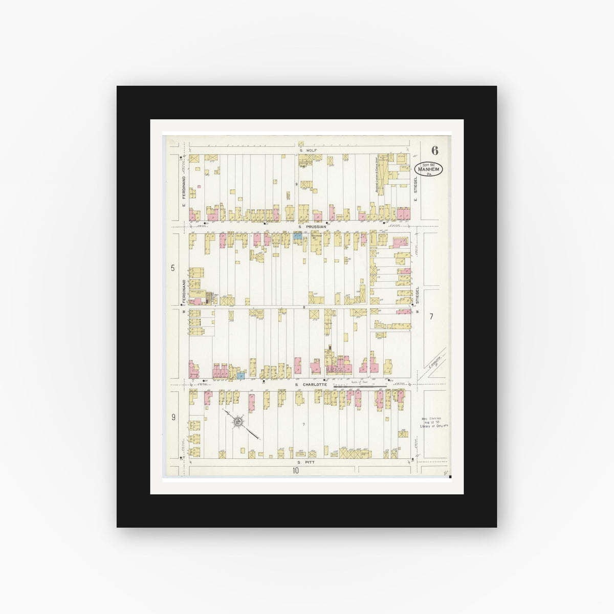 Old map wall art mockup — black gallery frame with white mat — Sanborn Fire Insurance Map from Manheim, Lancaster County, Pennsylvania (1912), Sheet #0006