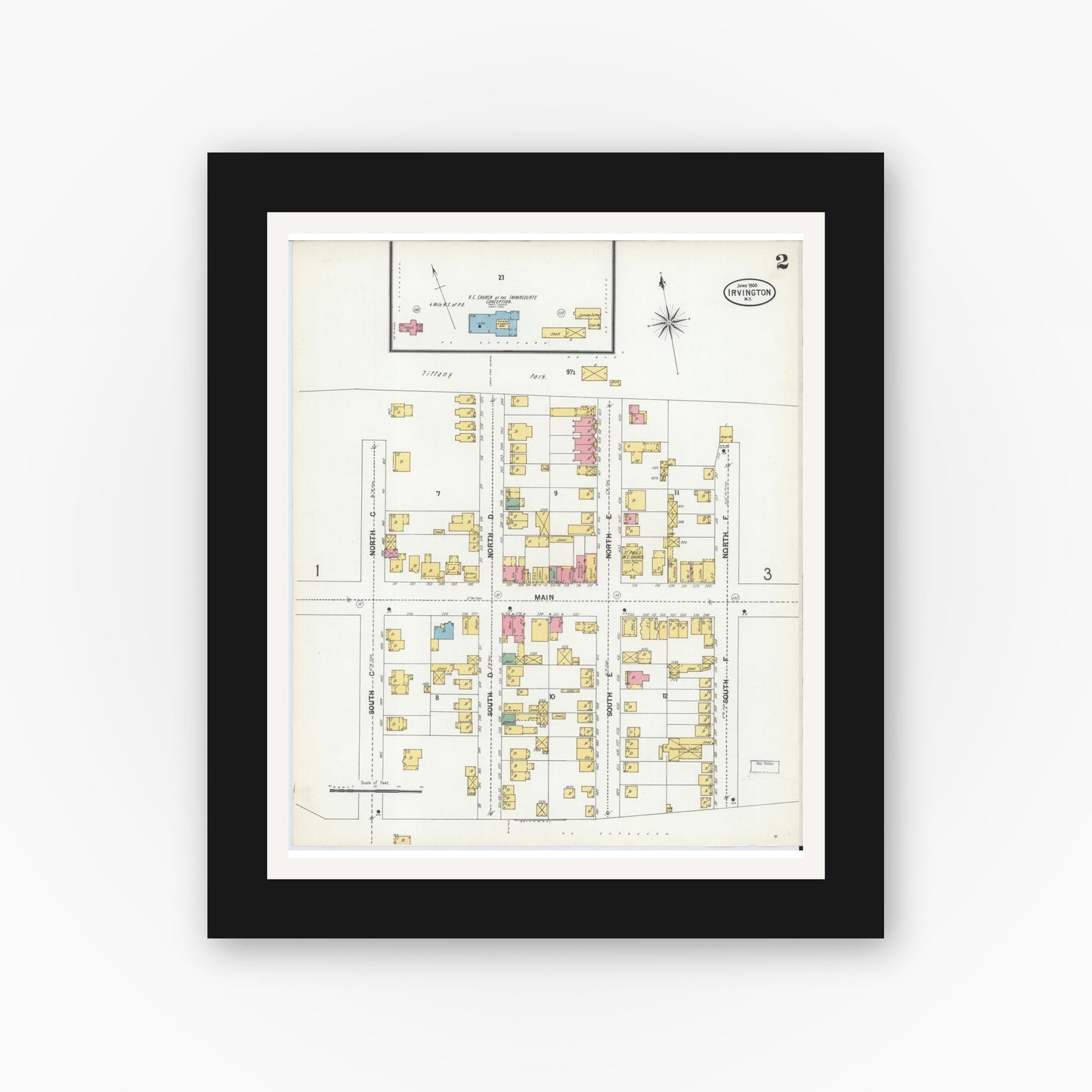 Old map wall art mockup — black gallery frame with white mat — Sanborn Fire Insurance Map from Irvington, Westchester County, New York (1900), Sheet #0002