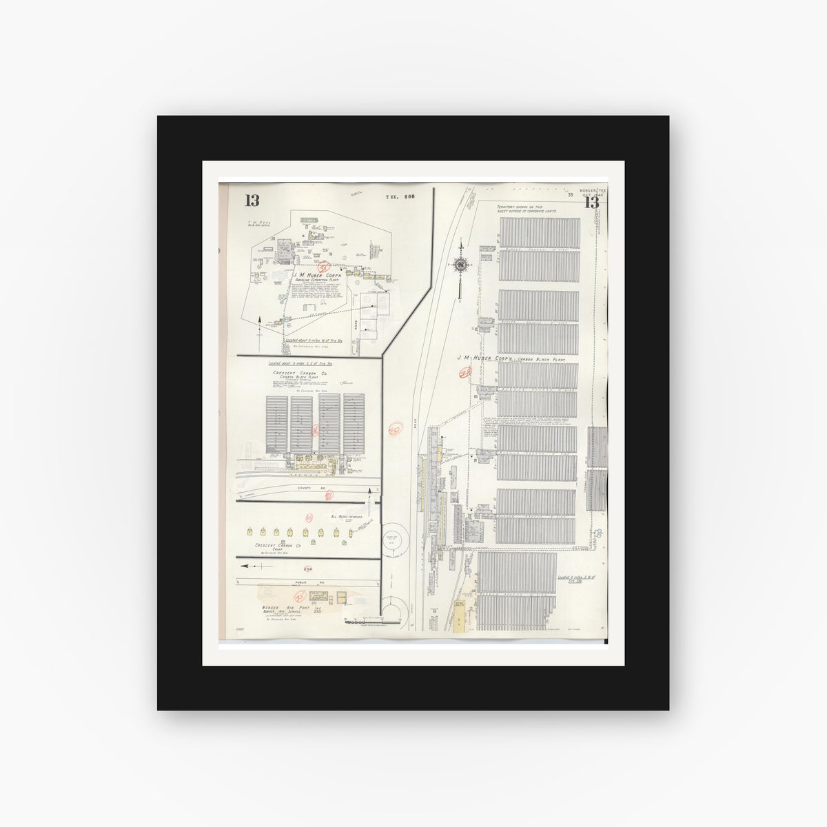 Old map wall art mockup — black gallery frame with white mat — Sanborn Fire Insurance Map from Borger, Hutchinson County, Texas (1950), Sheet #0013