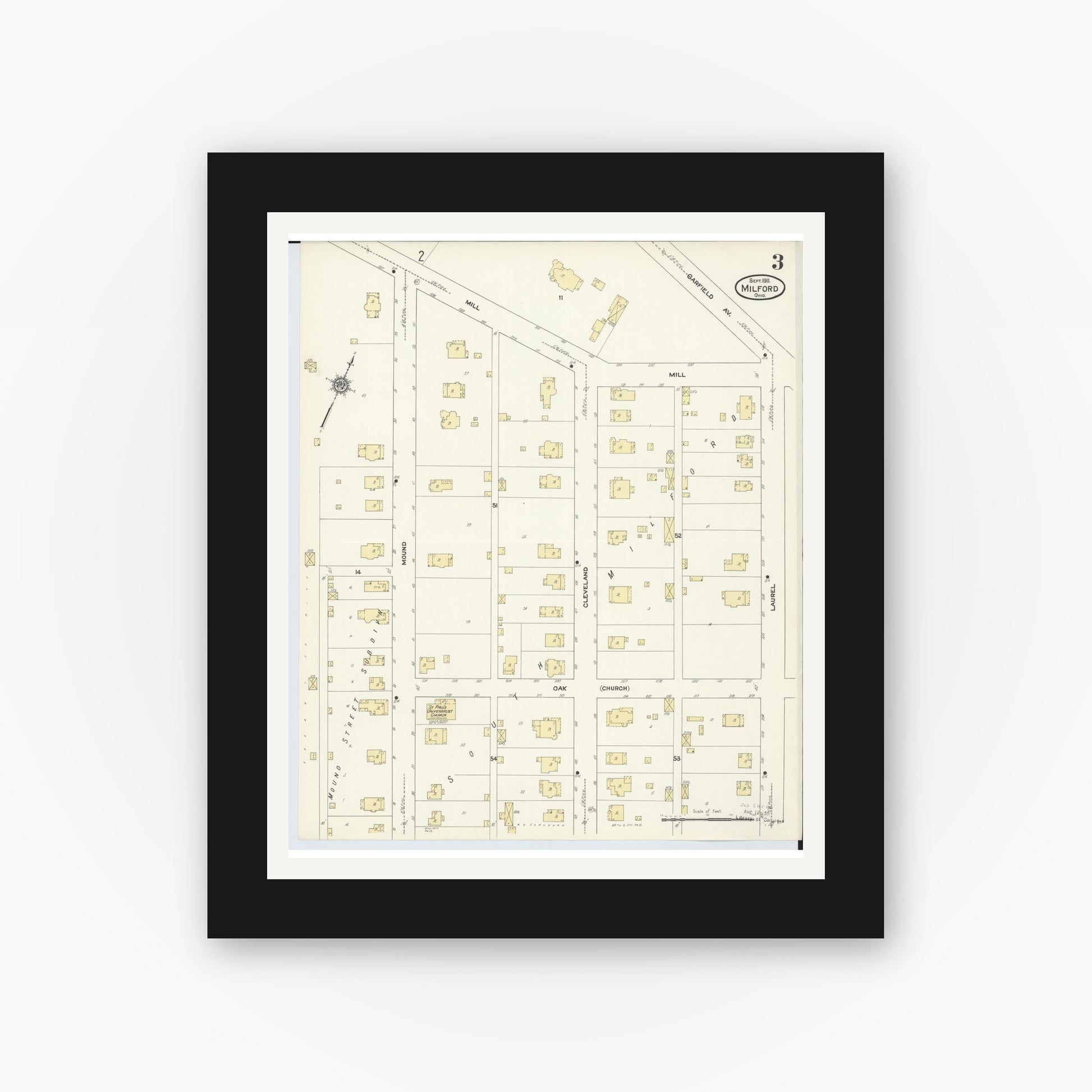 Old map wall art mockup — black gallery frame with white mat — Sanborn Fire Insurance Map from Milford, Clermont And Hamilton County, Ohio (1911), Sheet #0003