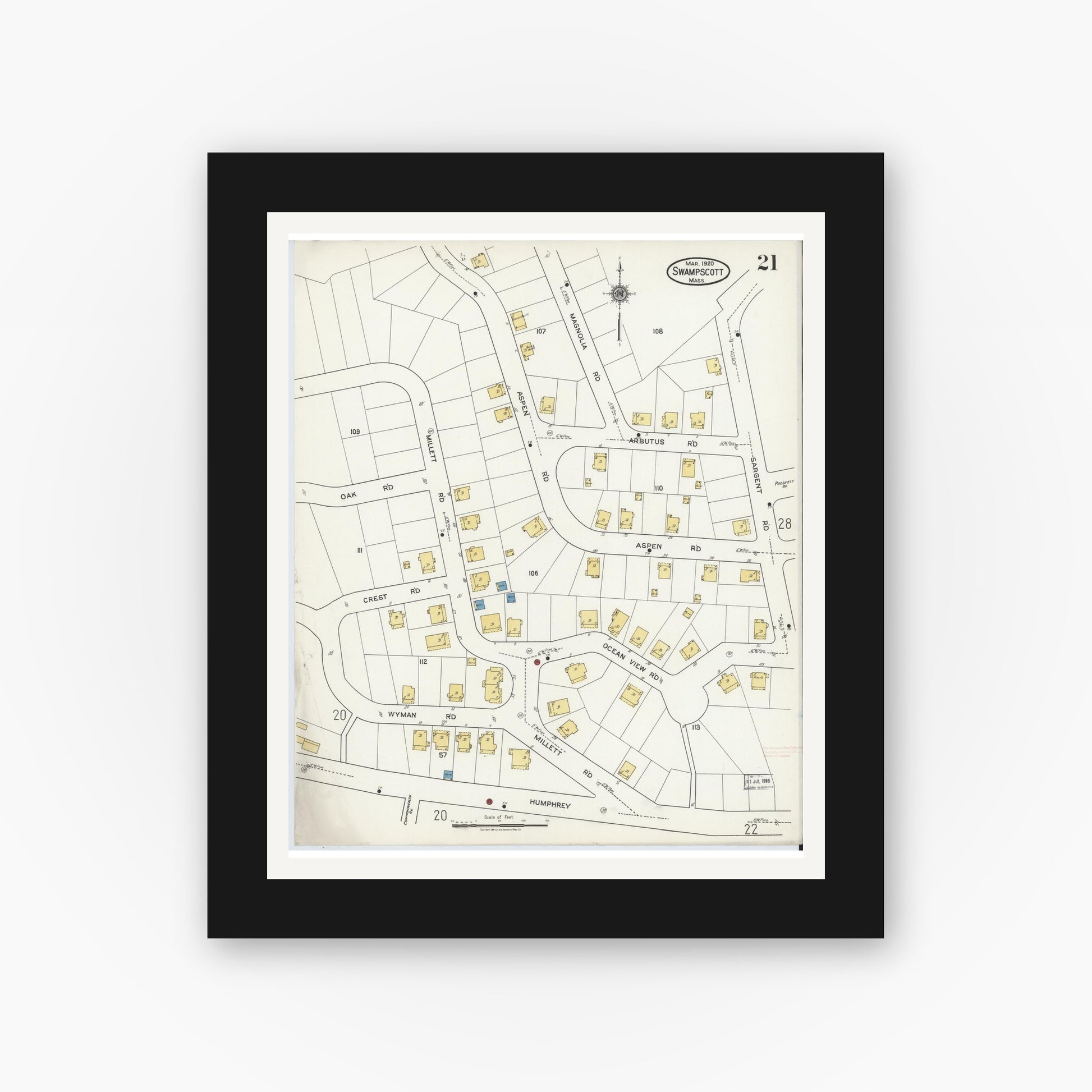 Old map wall art mockup — black gallery frame with white mat — Sanborn Fire Insurance Map from Swampscott, Essex County, Massachusetts (1920), Sheet #0021