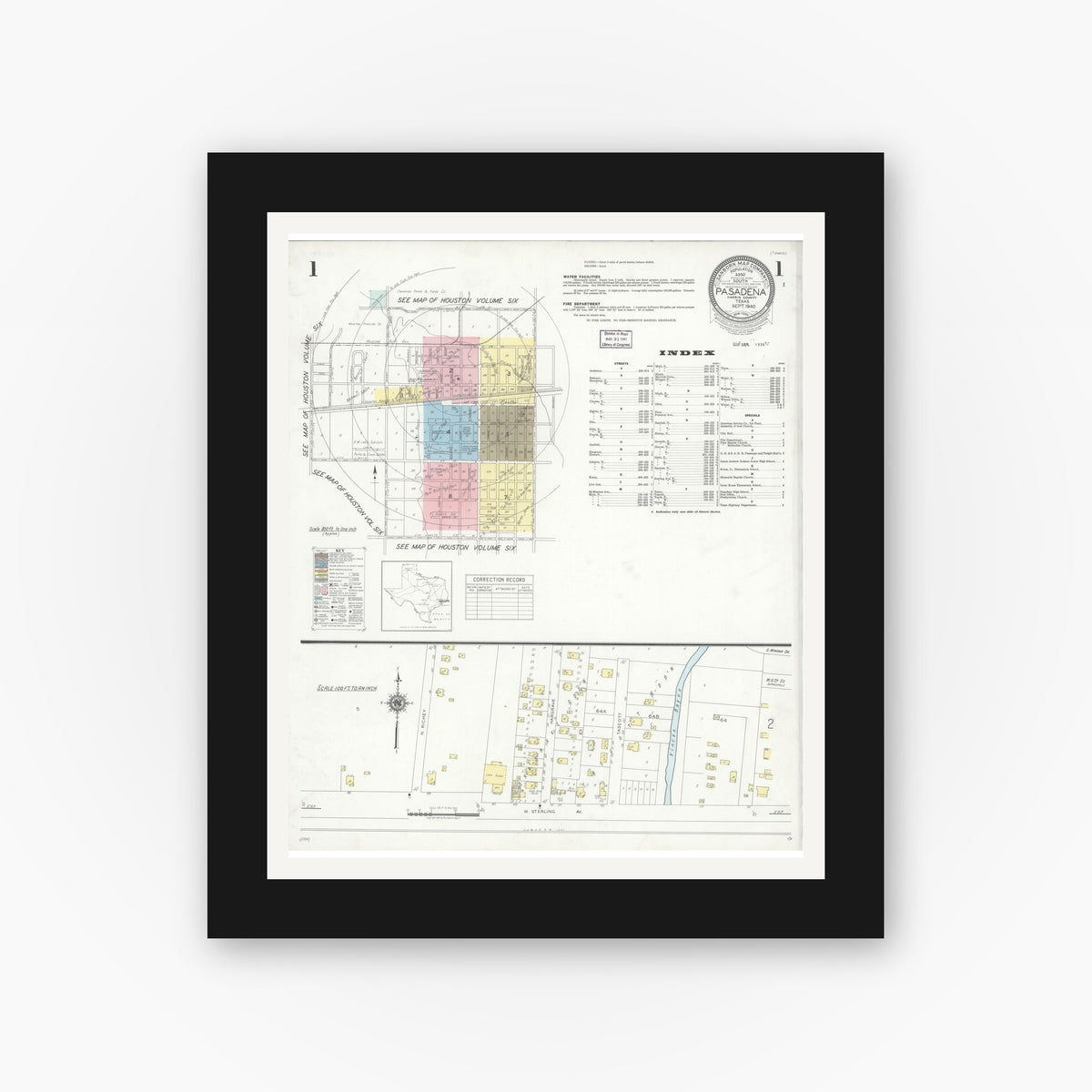Old map wall art mockup — black gallery frame with white mat — Sanborn Fire Insurance Map from Pasadena, Harris County, Texas (1940), Sheet #0001