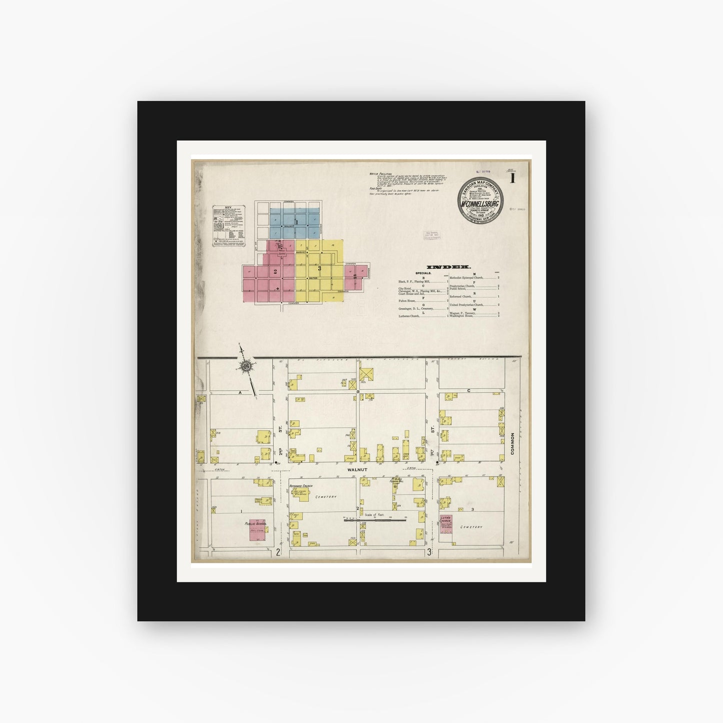 Old map wall art mockup — black gallery frame with white mat — Sanborn Fire Insurance Map from McConnellsburgh, Fulton County, Pennsylvania (1910), Sheet #0001