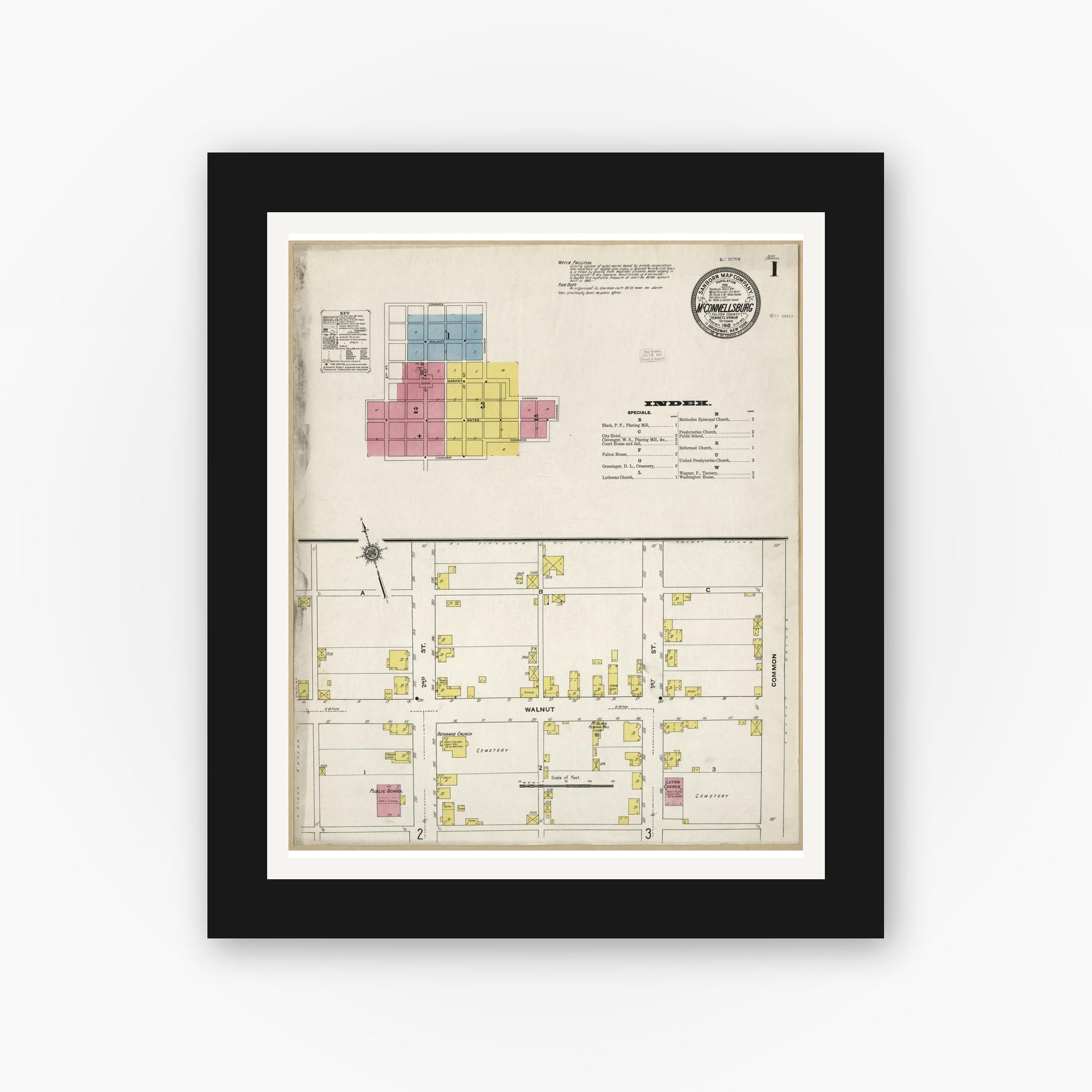 Old map wall art mockup — black gallery frame with white mat — Sanborn Fire Insurance Map from McConnellsburgh, Fulton County, Pennsylvania (1910), Sheet #0001