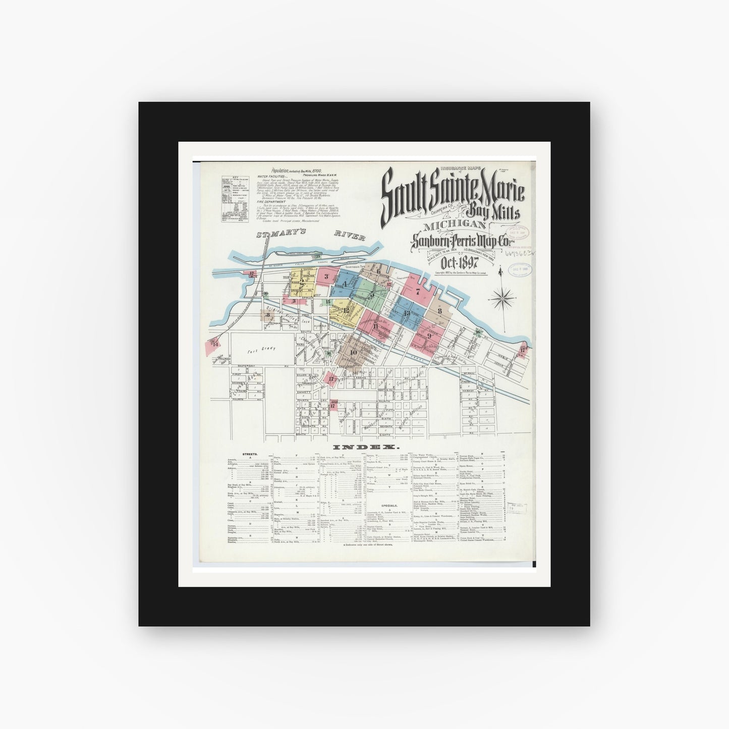 Old map wall art mockup — black gallery frame with white mat — Sanborn Fire Insurance Map from Sault Sainte Marie, Chippewa County, Michigan (1897) - Complete Map Set