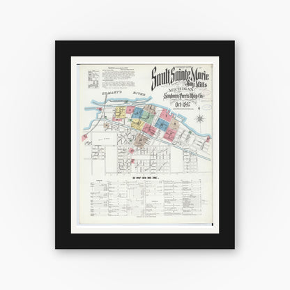 Old map wall art mockup — black gallery frame with white mat — Sanborn Fire Insurance Map from Sault Sainte Marie, Chippewa County, Michigan (1897) - Complete Map Set