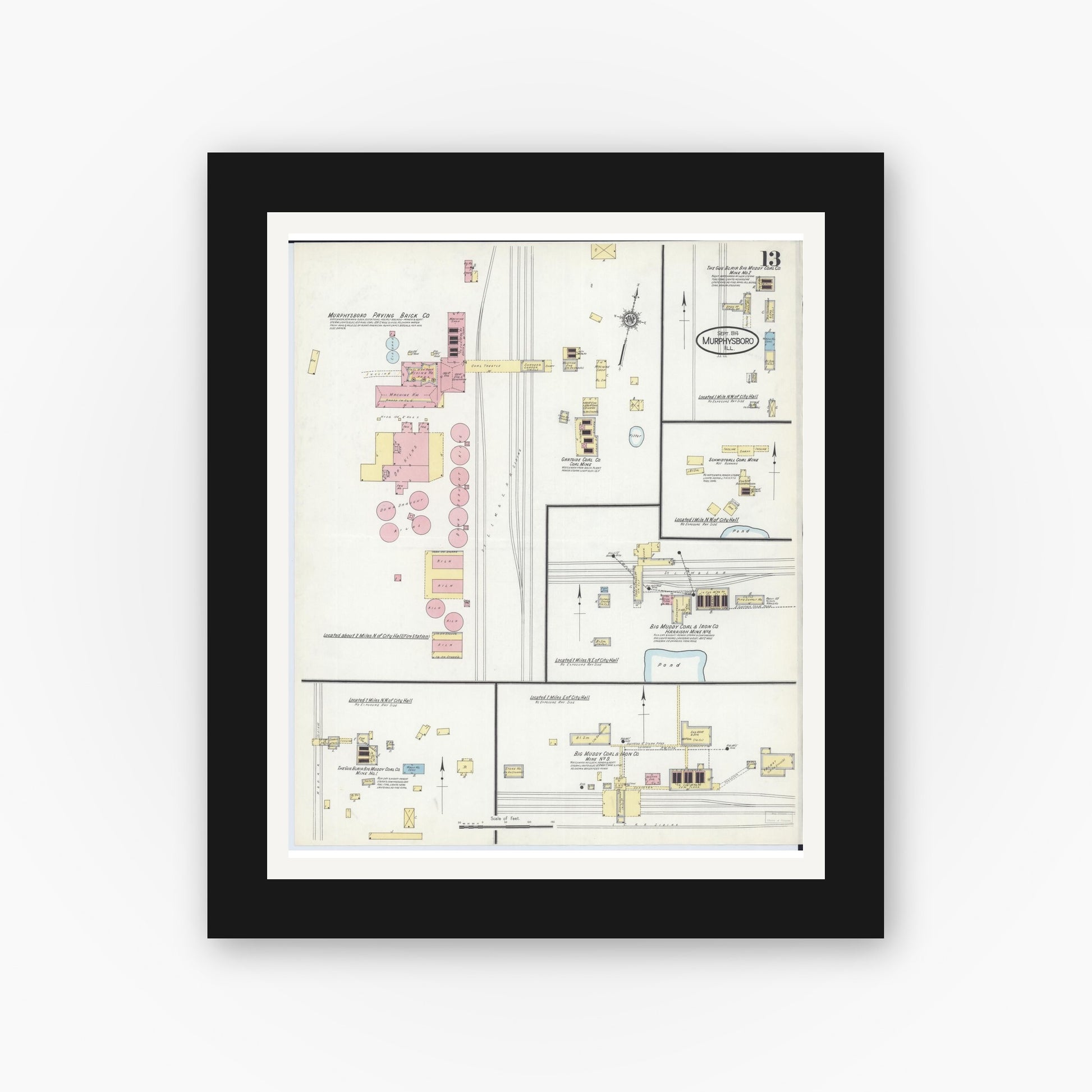 Old map wall art mockup — black gallery frame with white mat — Sanborn Fire Insurance Map from Murphysboro, Jackson County, Illinois (1914), Sheet #0013