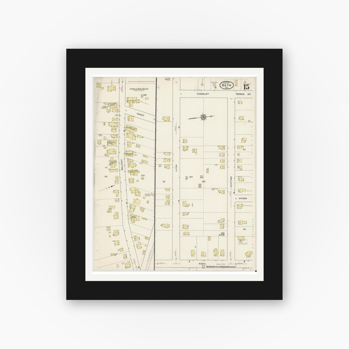 Old map wall art mockup — black gallery frame with white mat — Sanborn Fire Insurance Map from Bath, Steuben County, New York (1915), Sheet #0015