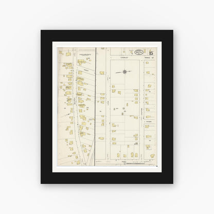 Old map wall art mockup — black gallery frame with white mat — Sanborn Fire Insurance Map from Bath, Steuben County, New York (1915), Sheet #0015