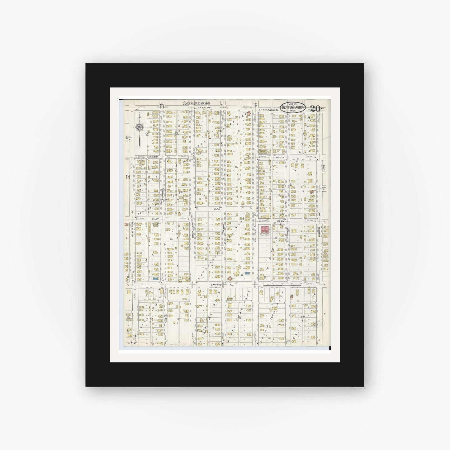 Old map wall art mockup — black gallery frame with white mat — Sanborn Fire Insurance Map from Benton Harbor, Berrien County, Michigan (1917), Sheet #0020